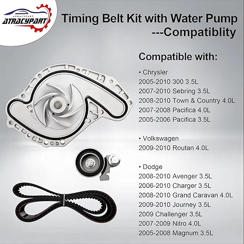 Miniatura 3 de Kit de correa de distribución del motor con bomba de agua  Compatible con vehículos Chrysler, Dodge y Volkswagen 2005-2010 3.5L 4.0L V6 SOHC 24