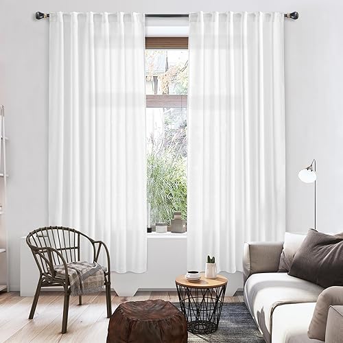 Miniatura 5 de Cortinas traslúcidas de lino blanco de 72 pulgadas de largo para sala de estar, juego de 2 paneles con pestaña trasera, filtrado de luz, privacidad,