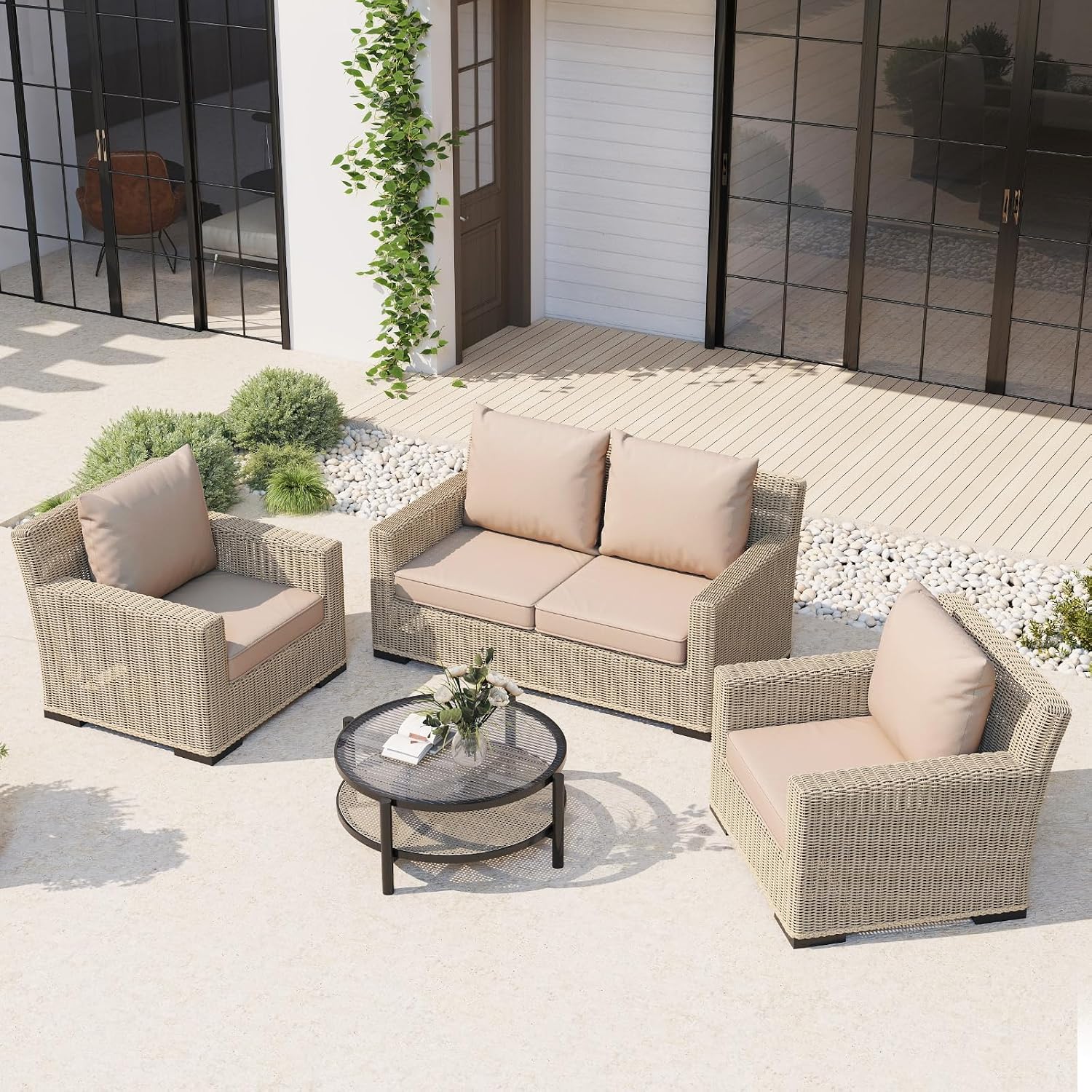 Outdoor Chair Cushions Set of 4, 24 x 24 Inch Patio Chair Cushions with Splash-Proof Covers, Outdoor Cushions for Patio Furniture, Khaki