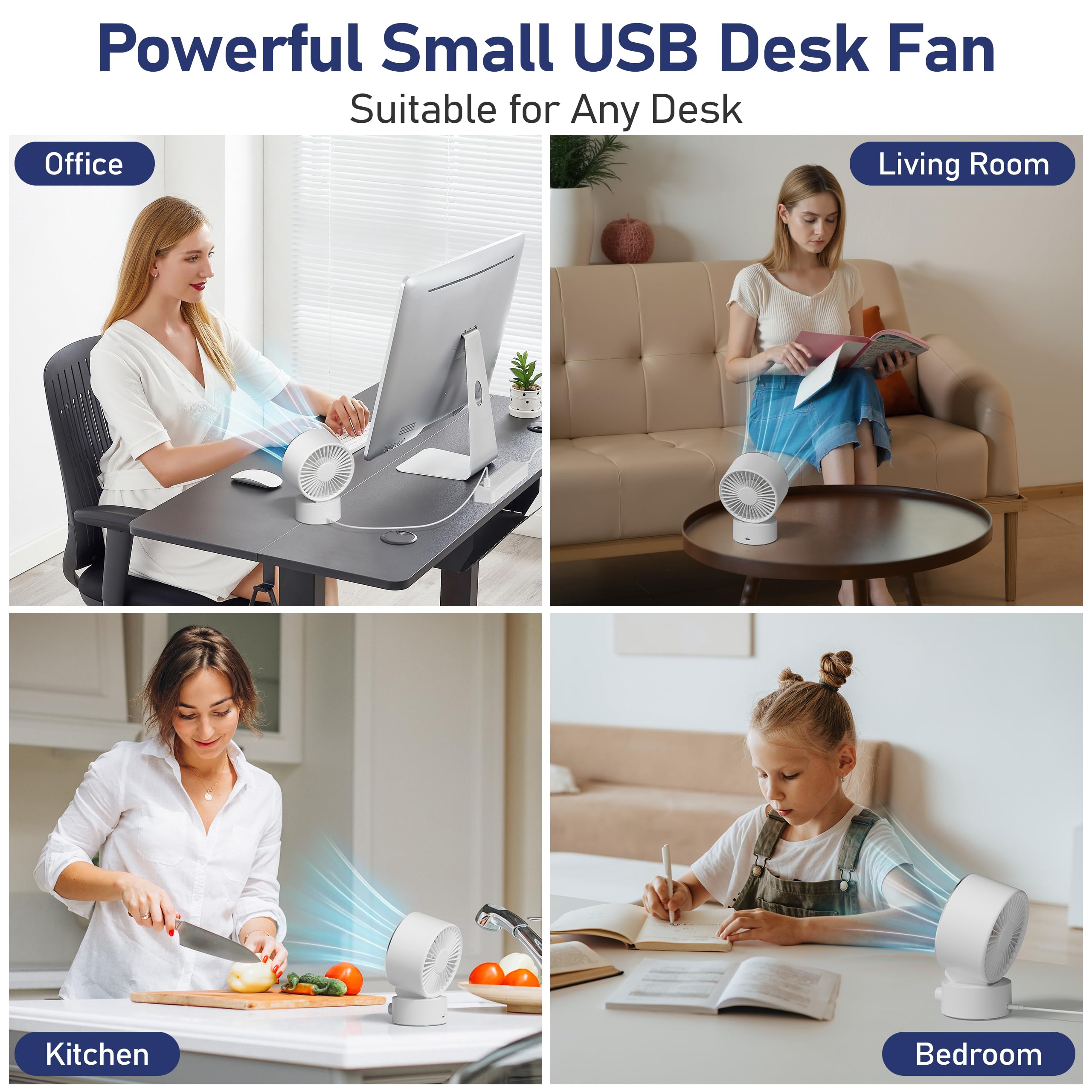 Ventilador de escritorio pequeño silencioso: ventilador de mesa recargable con batería de 1200 mAh y alimentado por USB, portátil para oficina, dormitorio, escritorio en casa, pantalla 7