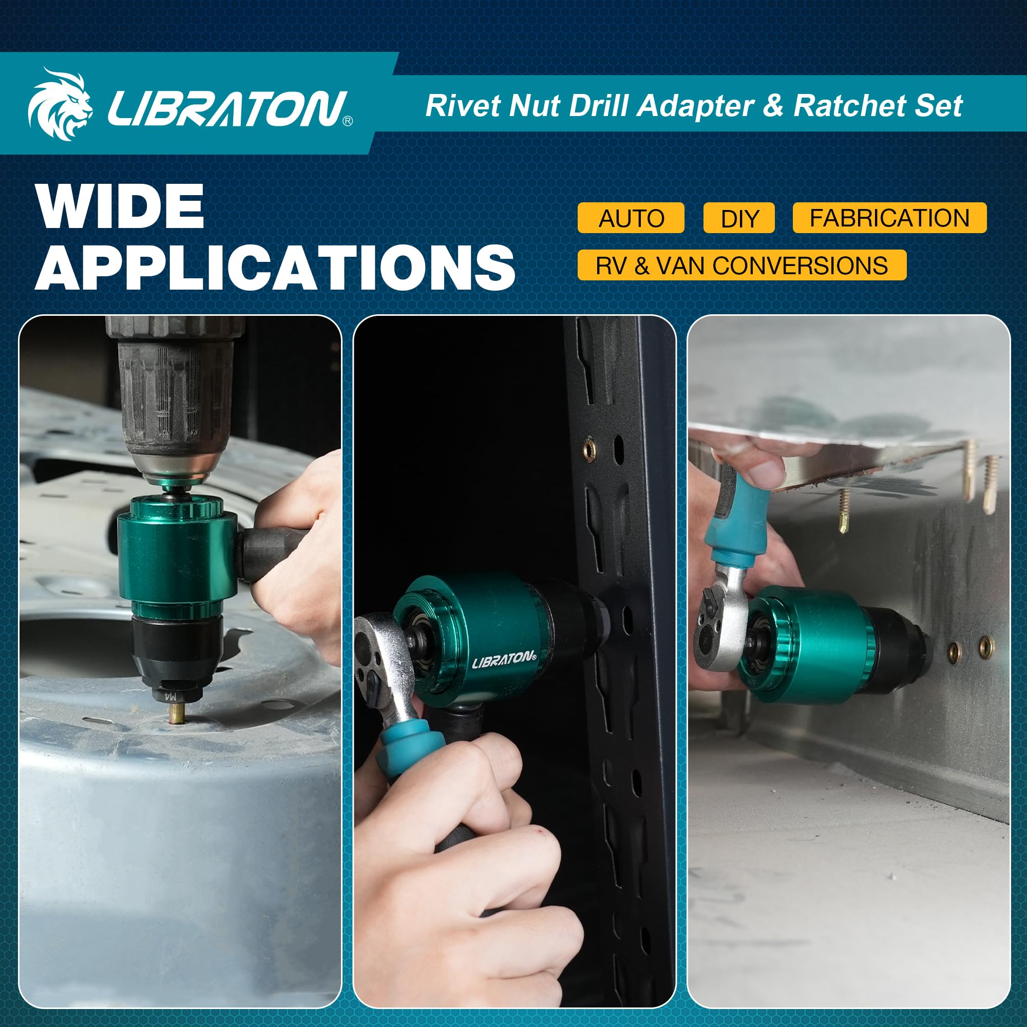 LIBRATON Adattatore per Dado a Rivetto e Set Chiave a Cricchetto, Kit Rivettatrice Elettrica e Manuale con 10 Mandrini (M3 to M8, 6-32 to 1/4-20), 100 Dadi, Cambio Rapido, per Fai da Te, Valigetta
