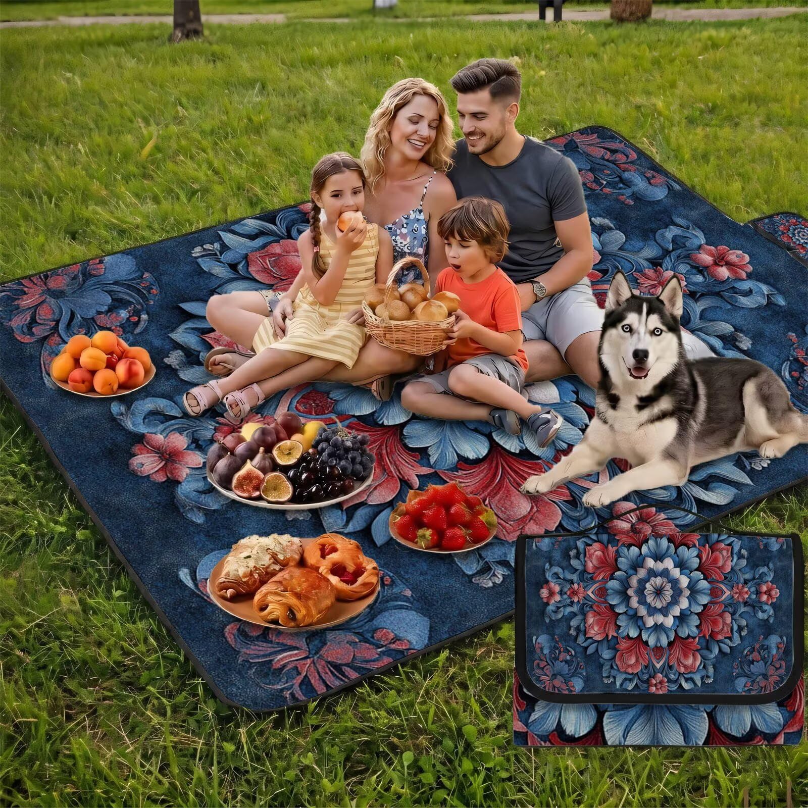 Couverture Pique Nique Grande 200x300cm,Outdoor Couverture Imperméable,Pliable Tapis de Plage Dos en PVC Anti-Sable,Picnic Blanket pour Camping Accessoires,Jardin,Parc - Bleu Marine,Rouge FZ-174