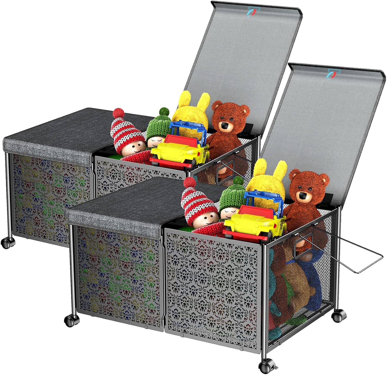 LOEVIICA Kids Toy Box with Lid and Wheels, 70L Large Metal