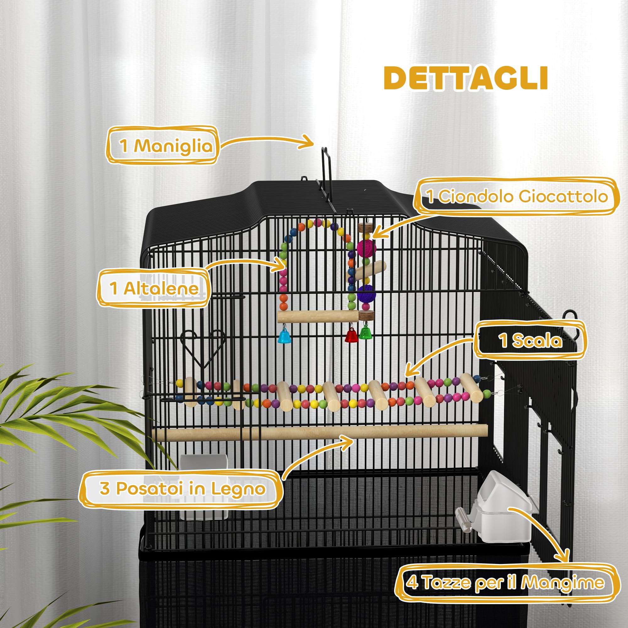 PawHut Gabbia per Uccelli con Maniglia, Vassoio Estraibile e Porte, Voliera per Pappagallini con Posatoi in Legno, Altalena e Ciotole per Cibo, 46.5x35.5x92cm, Nero