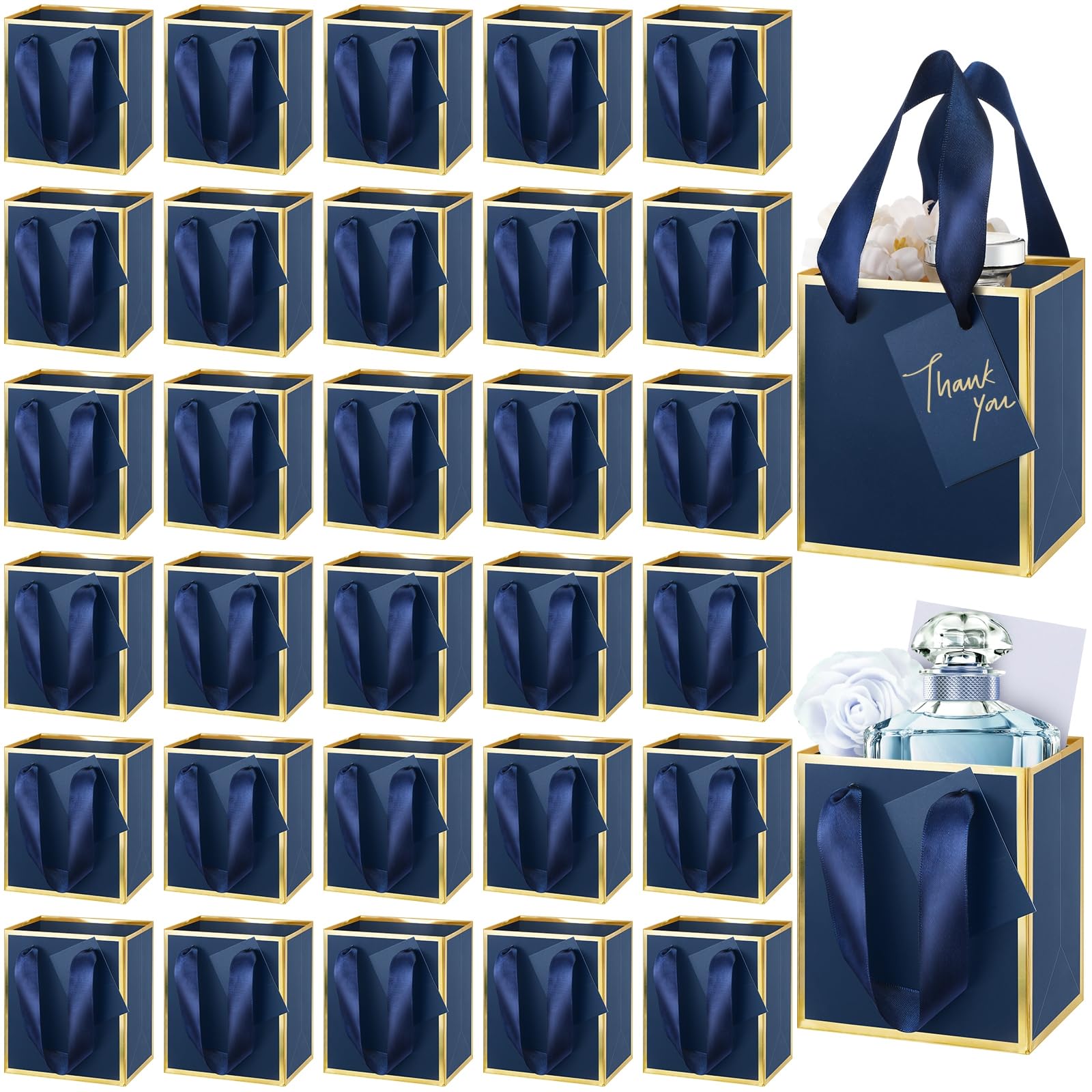 Yeaqee Lot de 100 mini sacs cadeaux en papier avec poignées et étiquette, bleu marine, doré