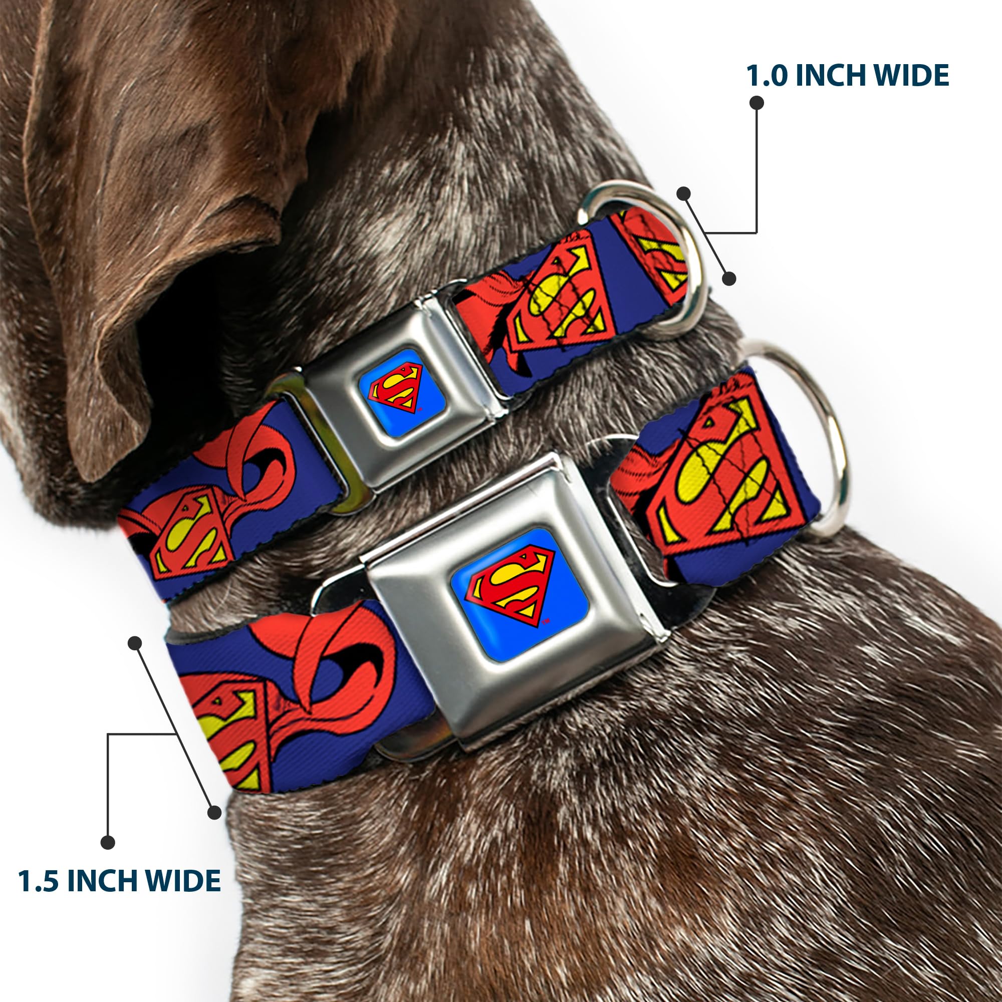 Buckle-Down Klamra pasa bezpieczeństwa obroża dla psa - Tarcza Supermana z peleryną - szerokość 3,8 cm - pasuje do szyi 40-58 cm - M