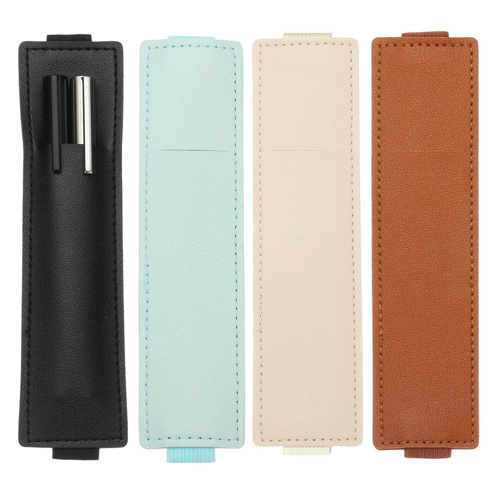 PATIKIL 4Pcs Elastic Notebook Pen Holder, Adjustable Hold 2 Pen Holder PU Leather Pencil Sleeve Pouch for Journal Clipboard Planner Books, Black/Brown/Light Blue/Beige
