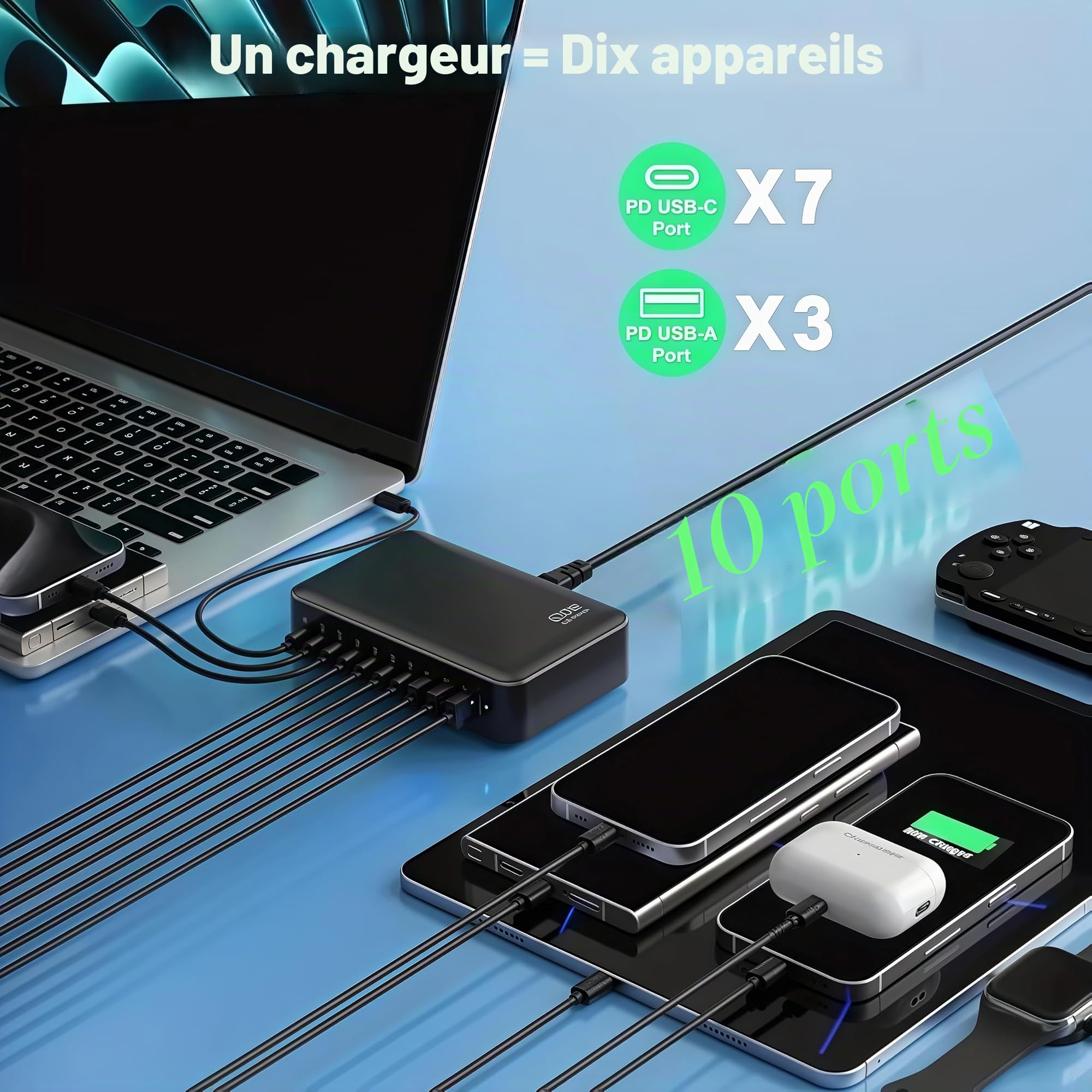 Chargeur USB C a 620 W 10 Ports USB Prise Adaptateur avec 3 Ports PD PPS 100 W et Multi PD 65 W Sortie Rapide, Multiprise USB-C Secteur pour iPad iPhone Samsung Red mi Note Google Pixel etc