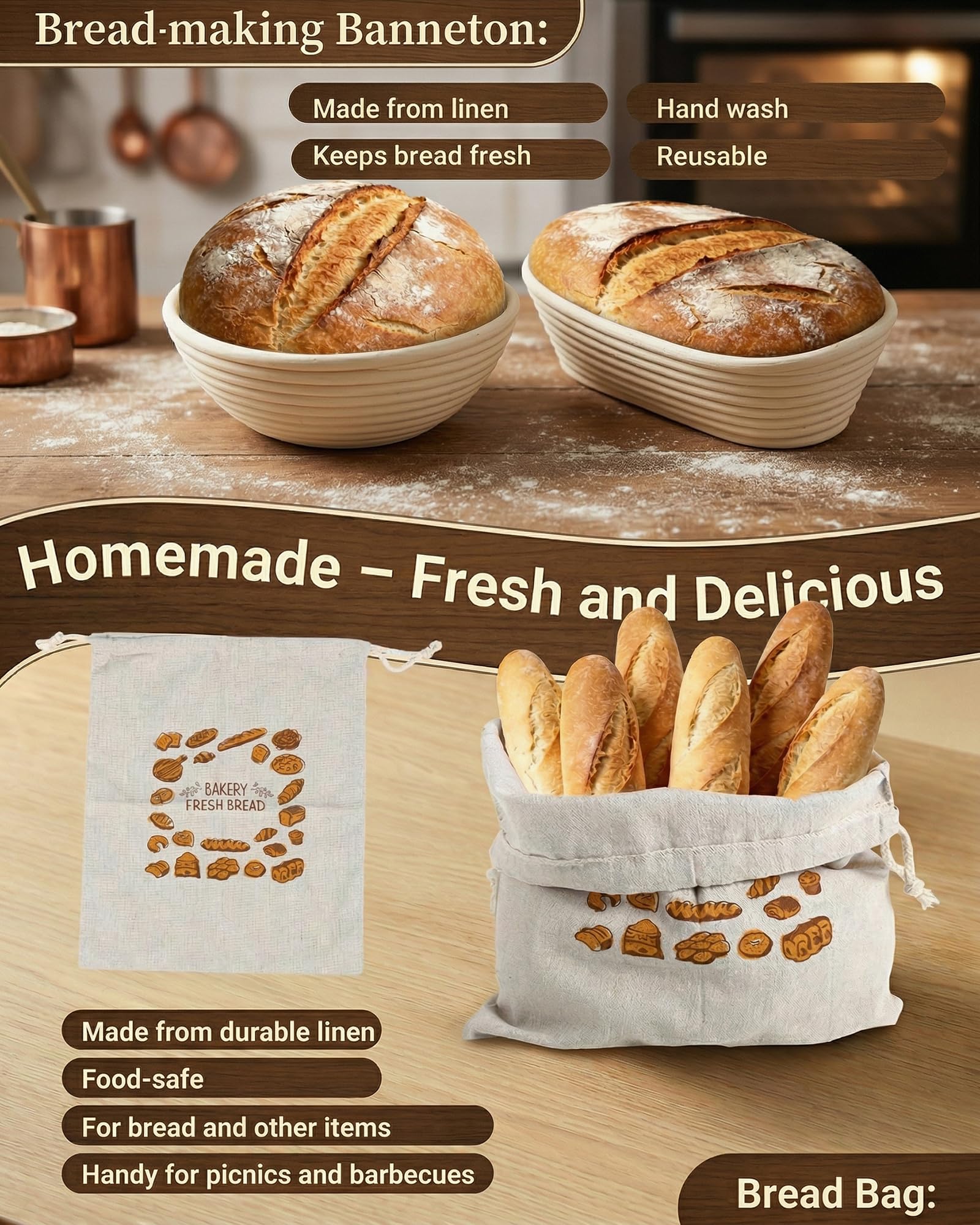 Cestini Lievitazione Pane Set, Cestino Lievitazione Pane Ovale 25cm e Rotondo 23cm con Coltello da Pane, Panni di Lievitazione, Sacchetti per il Pane, Raschietto per Impasto, Frusta