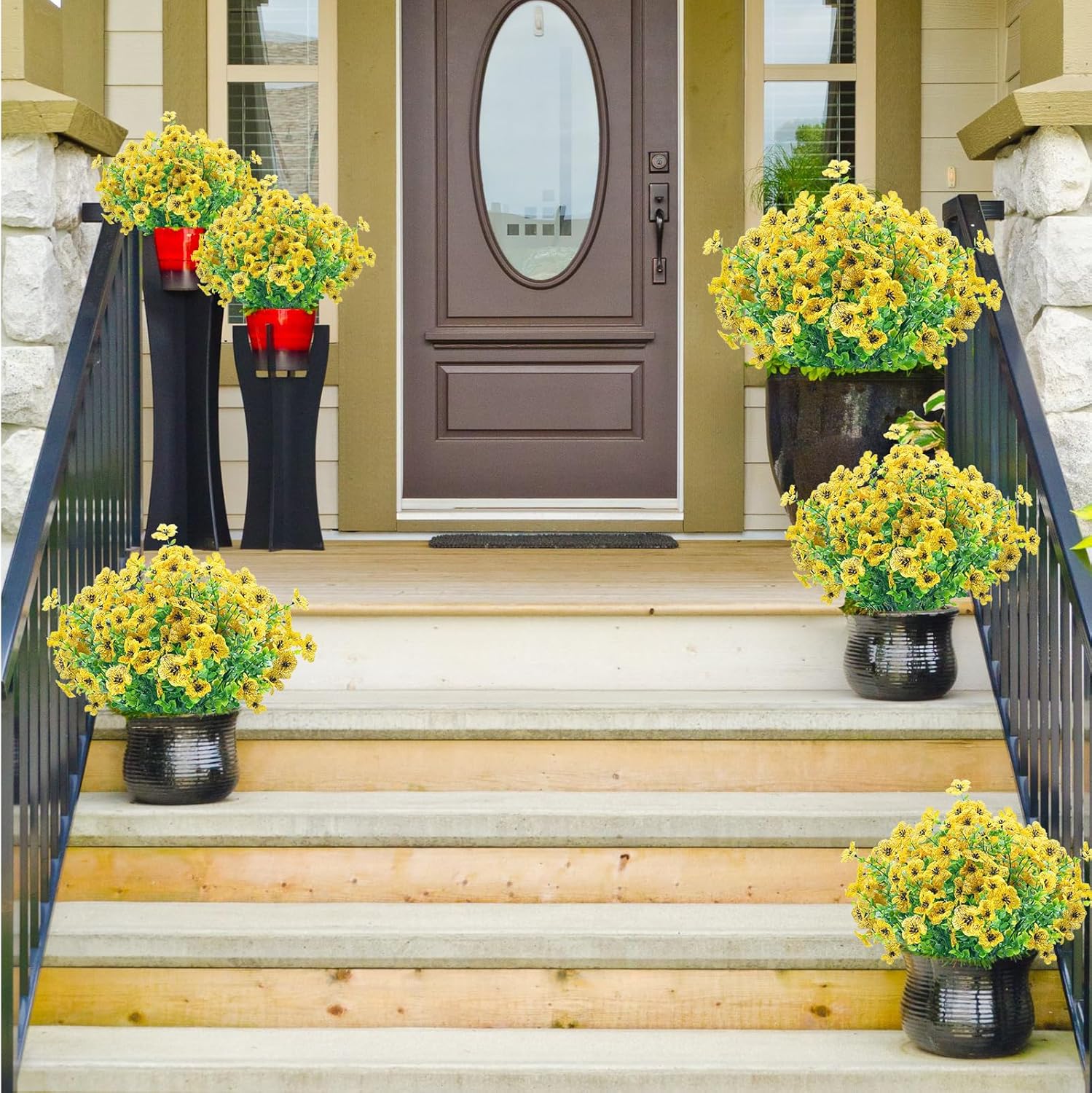 8 Bundles Artificial Flowers Fake Outdoor Plants,UV Resistant Outdoor Flower Faux Plastic Shrubs for Indoor Outside Hanging Decoration(Yellow) - Image 6