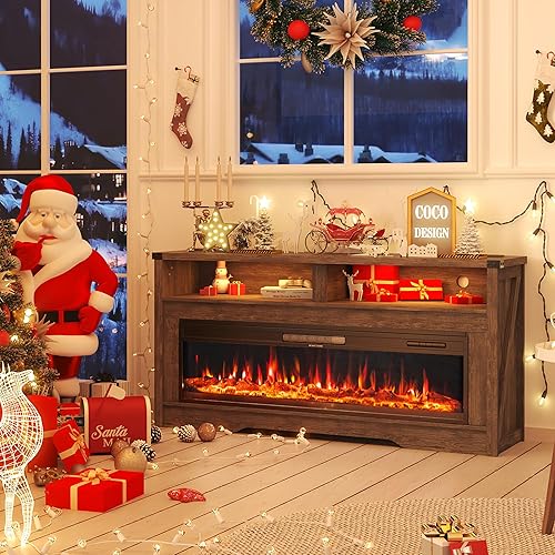 Miniatura 7 de COCO DESIGN Soporte de TV con chimenea, textura de madera multicolor, chimenea eléctrica de 50 pulgadas con armario de almacenamiento con reflejos,