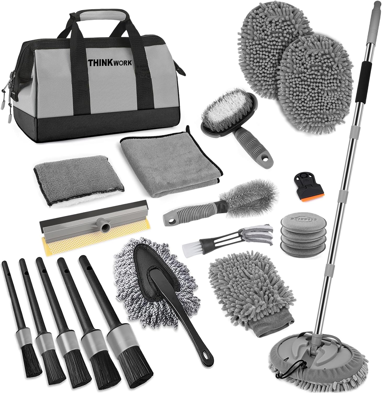 THINKWORK Car Wash Kit, Car Washing Brush with Long Handle, Extendable Car Wash Brush Mop with 2-in-1 Windshield Squeegee and 9Pcs Detailing Brushes, Gray Car Detailing Kit Gift for Men