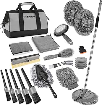 THINKWORK Car Wash Kit, 62 Car Washing Brush with Long Handle, Extendable Car Wash Brush Mop with 2-in-1 Windshield Squeegee and 9Pcs Detailing Brushes, Gray Car Detailing Kit Gift for Men