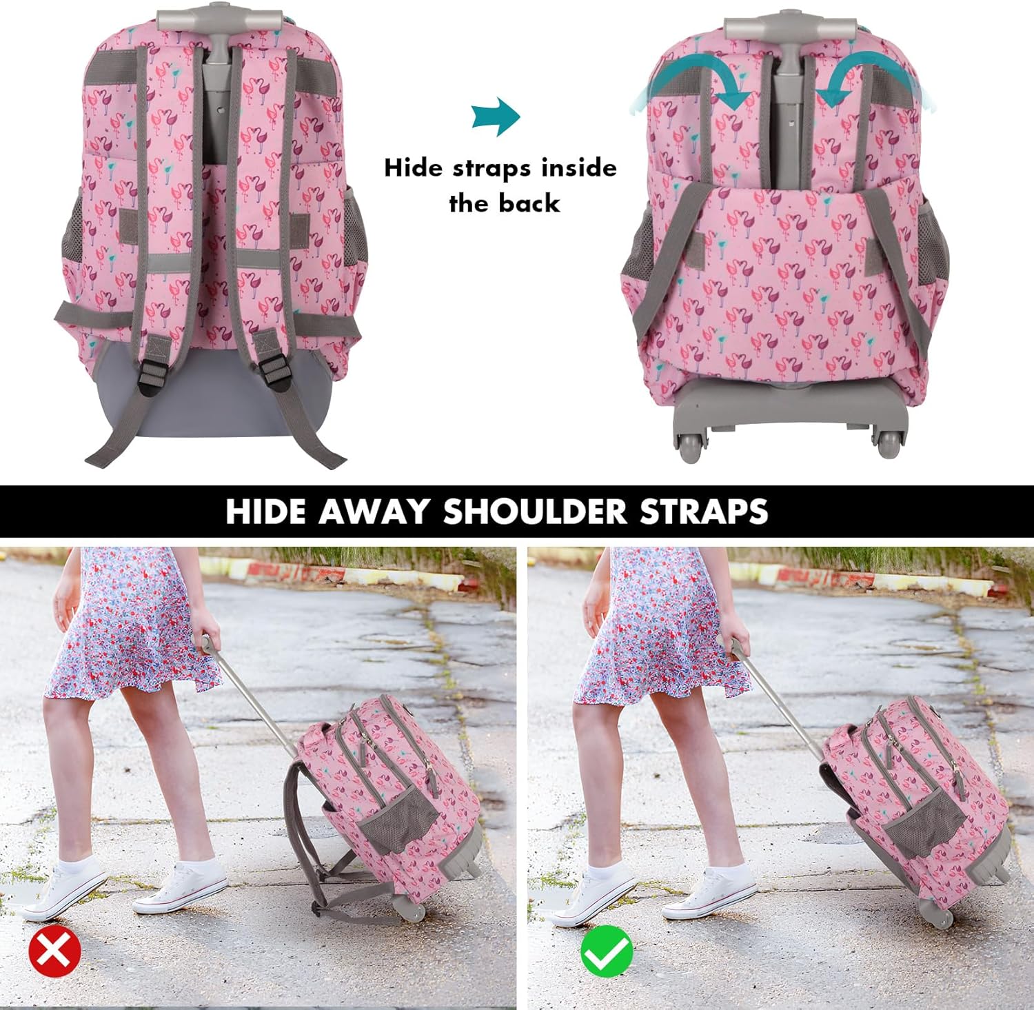 Tilami Rolling Backpack for Boys and Girls,Flamingo