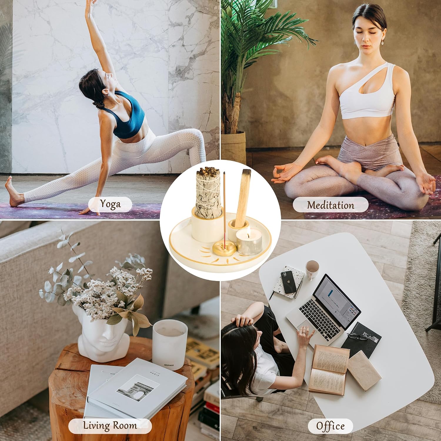 Multifunction Incense and Candle Holder for Burning Sage, Palo Santo, Incense Sticks - 5.9" Ceramic Ash Catcher Tray for Meditation Room Home Decor Spritual Gifts(Gold Sun)