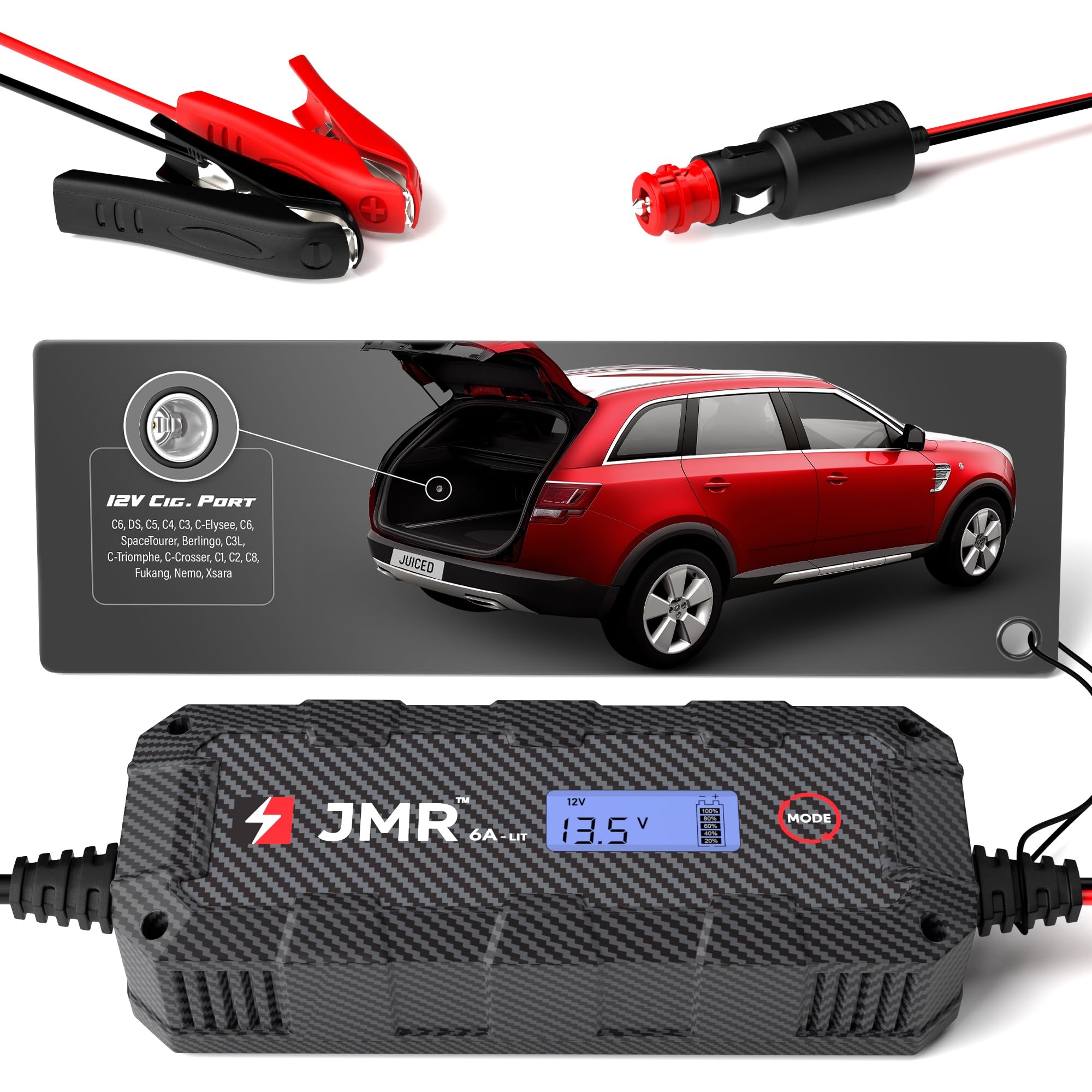JMR Battery Charger for Citroën C6 DS C5 C4 C3 C-Elysee C6 SpaceTourer Berlingo C3L C-Triomphe, C-Crosser C1 C2 All Models Trickle Charger Conditioner Maintainer (Add Lithium Mode)