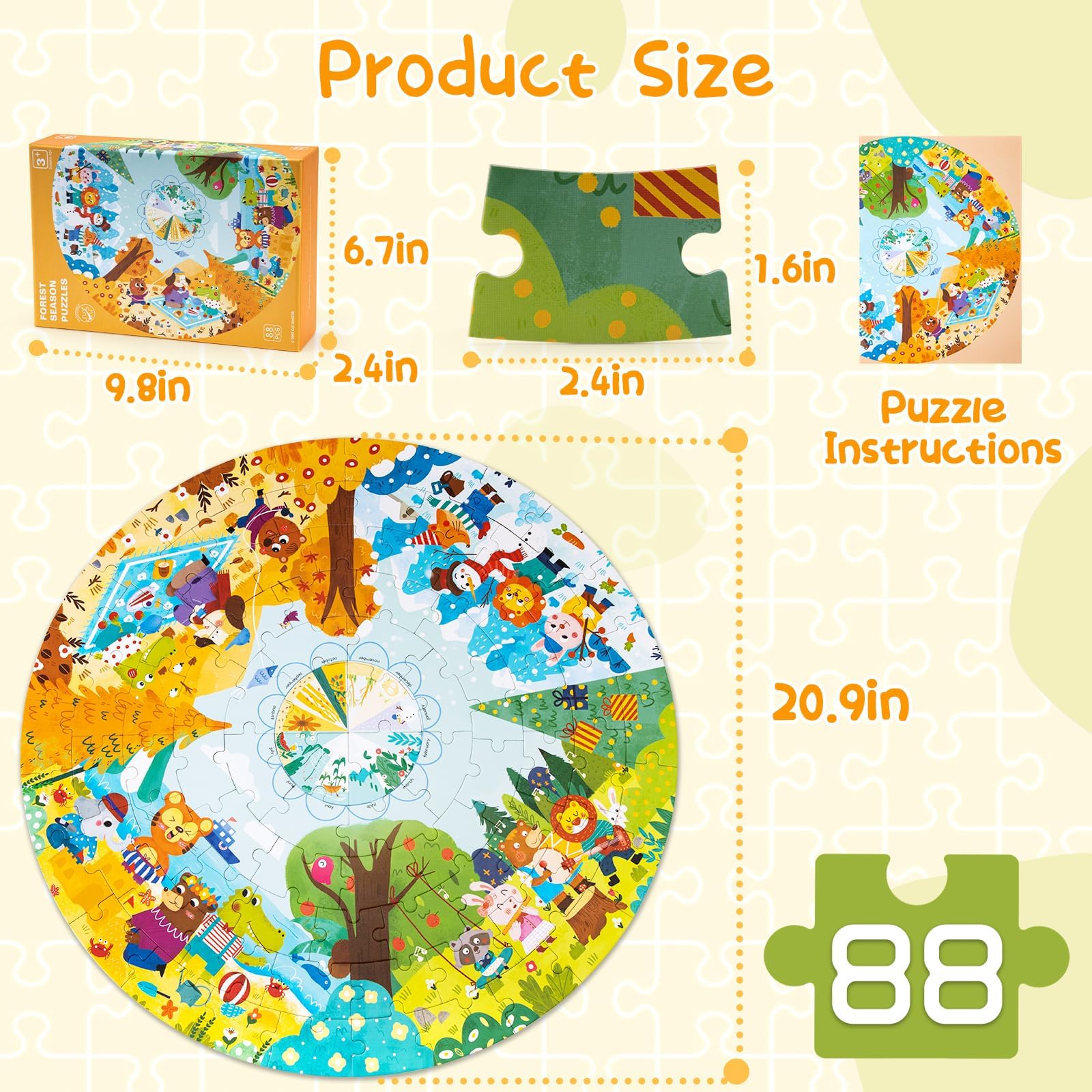 Puzzle Podłogowe, 88 Kawałek Puzzle Cztery Pory Roku Leśne Zwierzęta, Puzzle dla Dzieci w Wieku od 3-letnim i Wyższym Kartonowe, Puzzle Podlogowe Prezenty Urodzinowe dla Dzieci