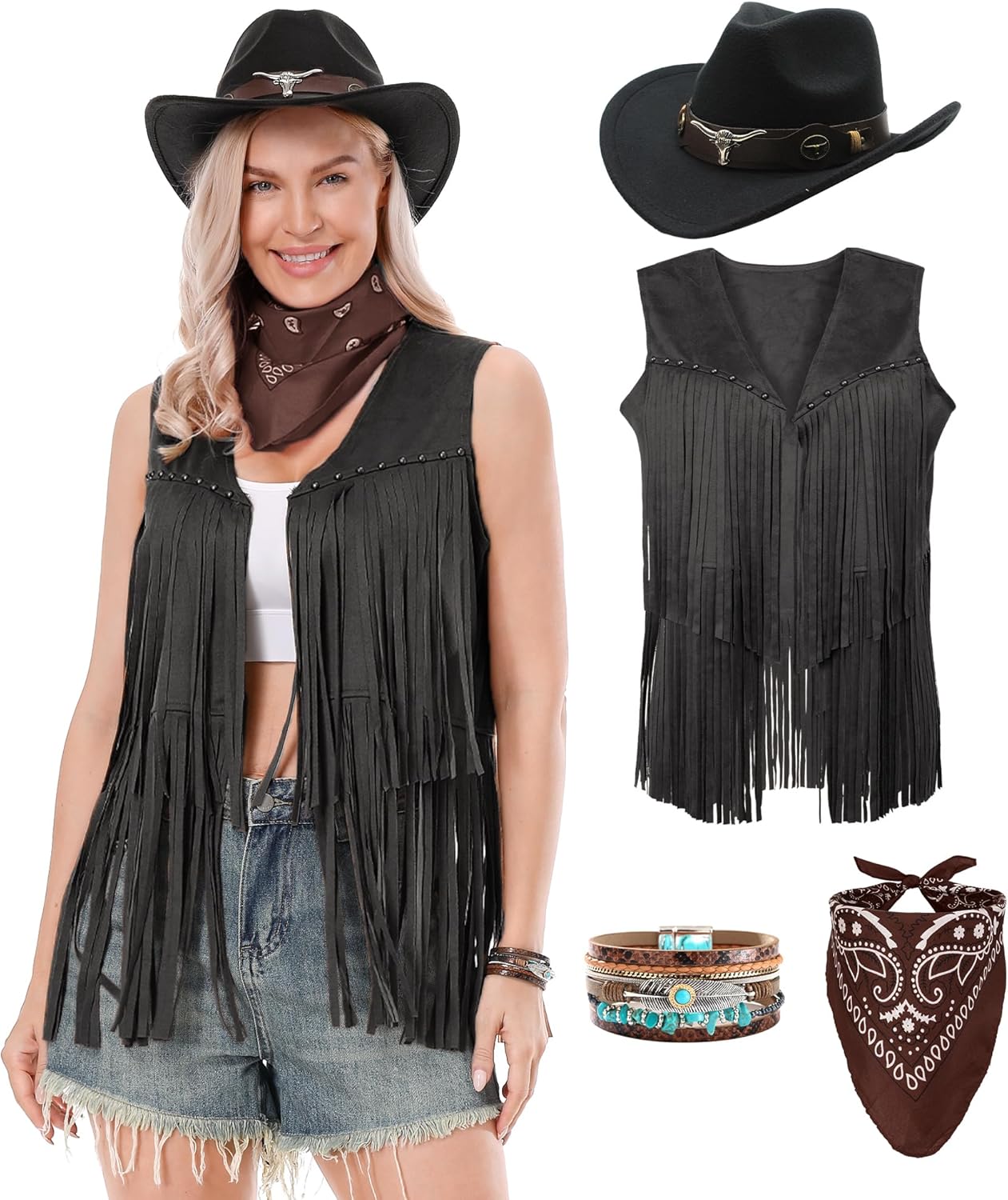 Western Cowgirl Costume for Women Cowboy Tassel Vest for Women Outfit with Hat Bandana Necklace