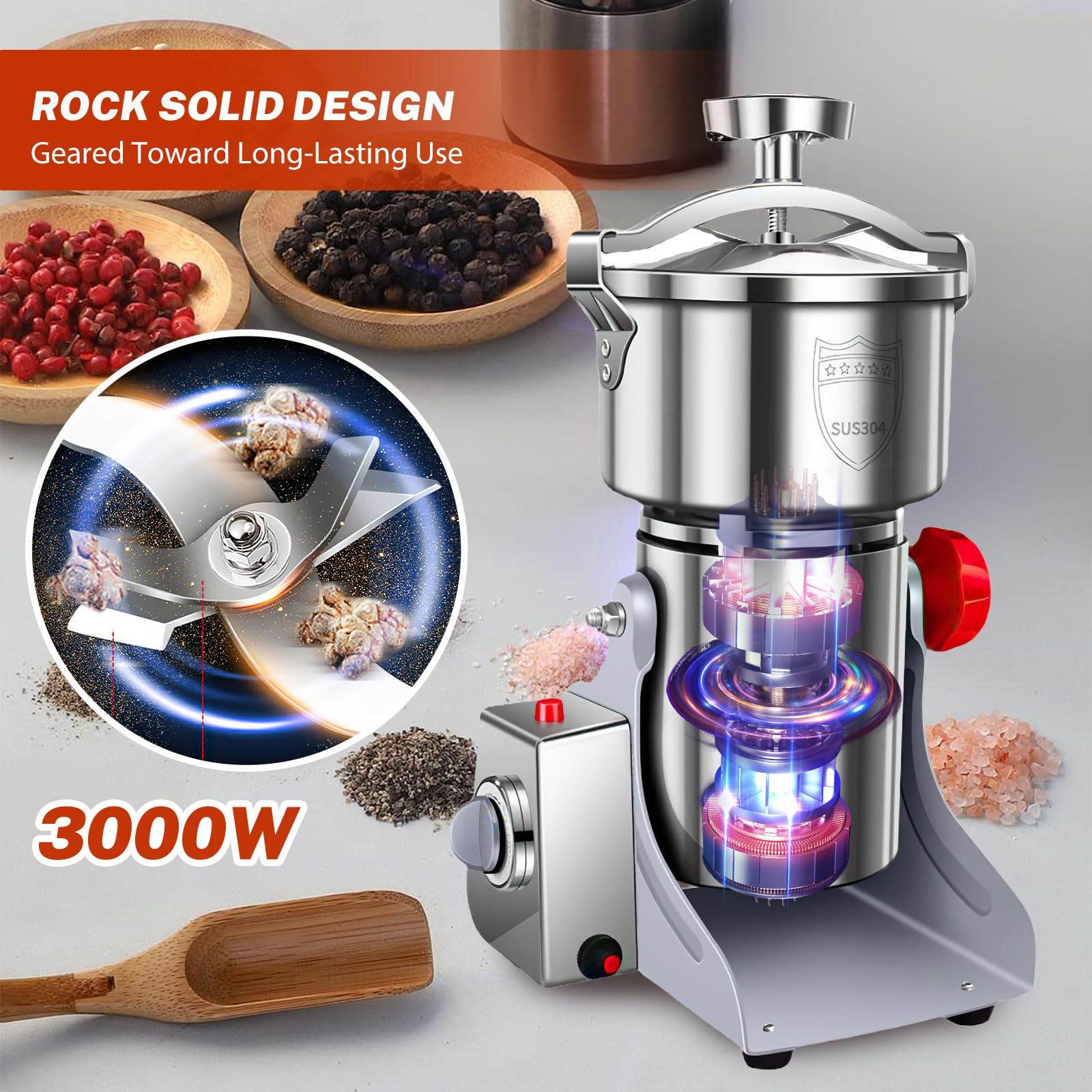 Moulin à Grains Électrique Haute Vitesse 3500W, Broyeur Multifonctionnel Puissant en Acier Inoxydable pour Épices, Céréales, Café et Herbes (800g)
