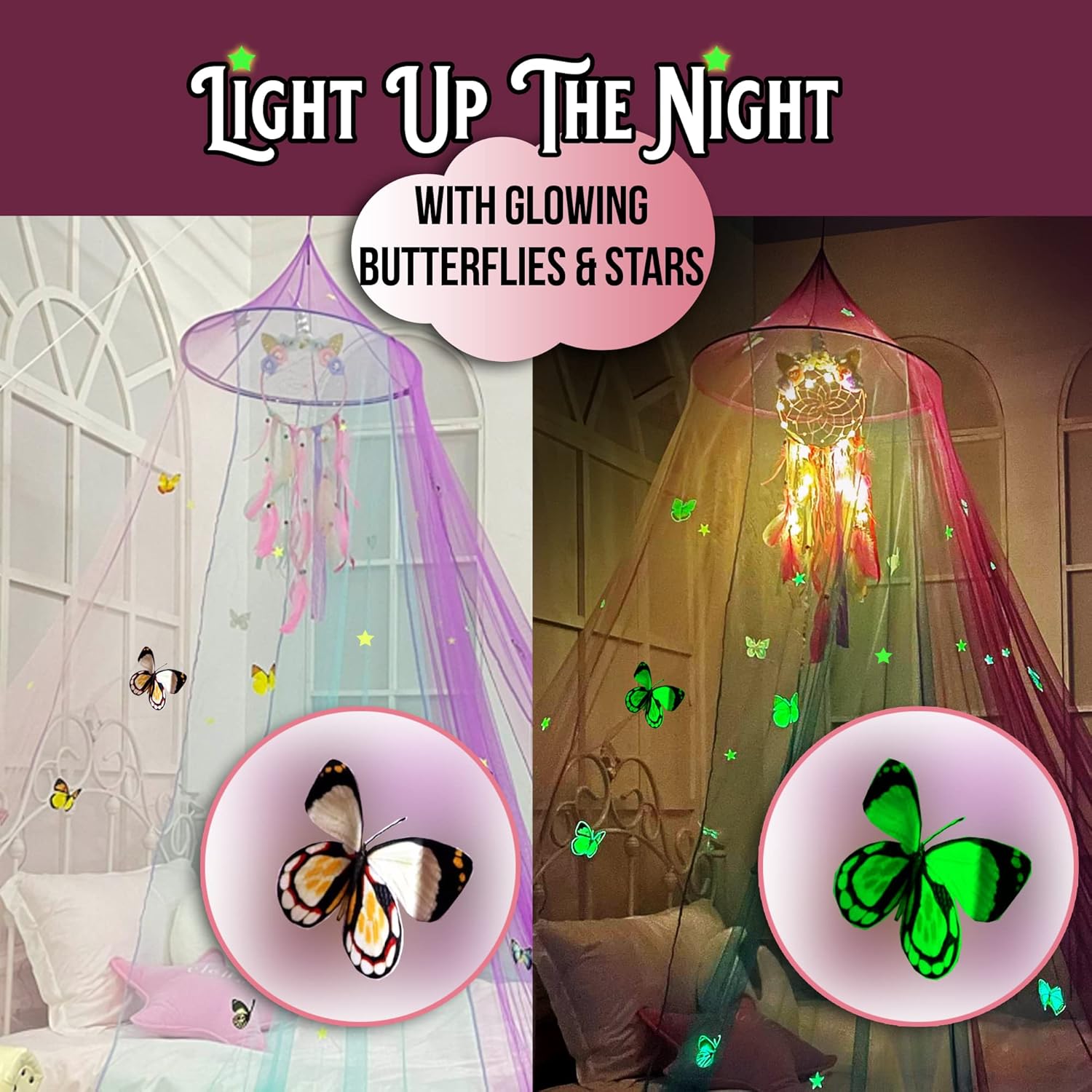 Rainbow Princess Bed Canopy with Lights for Girls Room, Unicorn Dream Catcher