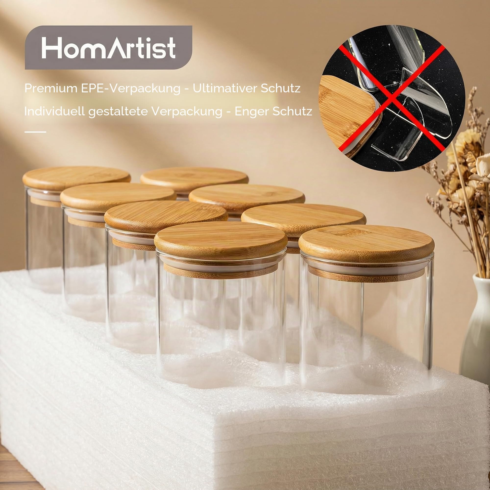 HomArtist Glasdosen mit Bambusdeckel 34 FL OZ [8er Set], Glasdosen mit luftdichtem Deckel, Glasbehälter für Lebensmittel für Nudeln, Hafer, Kaffee, Mehl, Reis, am besten für Küche & Speisekammer
