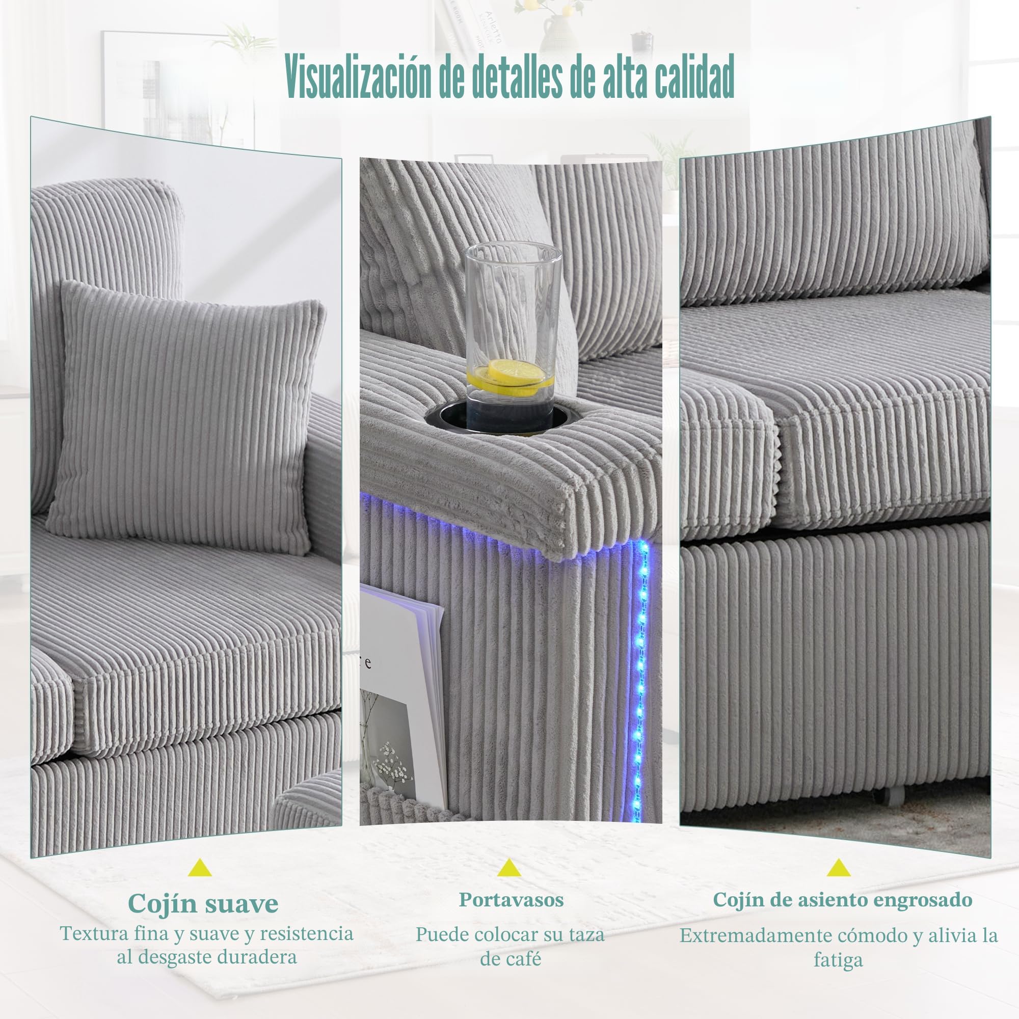 Sofá de 3 plazas, sofá en forma de L con función de dormir, iluminación LED y puerto USB-C, incluye espacio de almacenamiento, reposapiés, bolsillos laterales para salón, dormitorio, 194