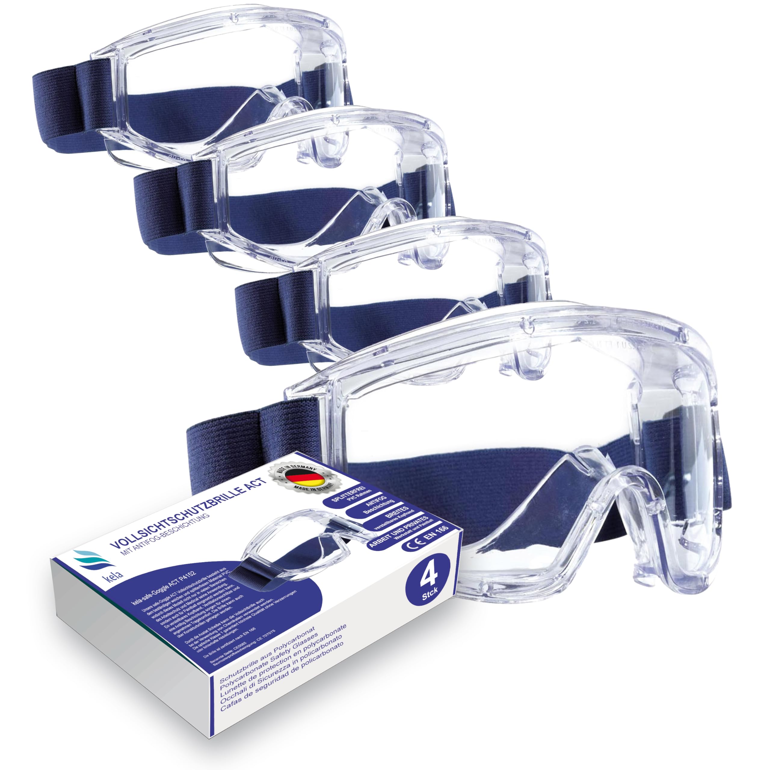 kela 4x Lunettes de protection intégrale ACE | Fabrique en Allemagne | Lunettes de sécurité revêtement anti-buée | Disque en acétate contre les produits chimiques I Large bandeau réglable