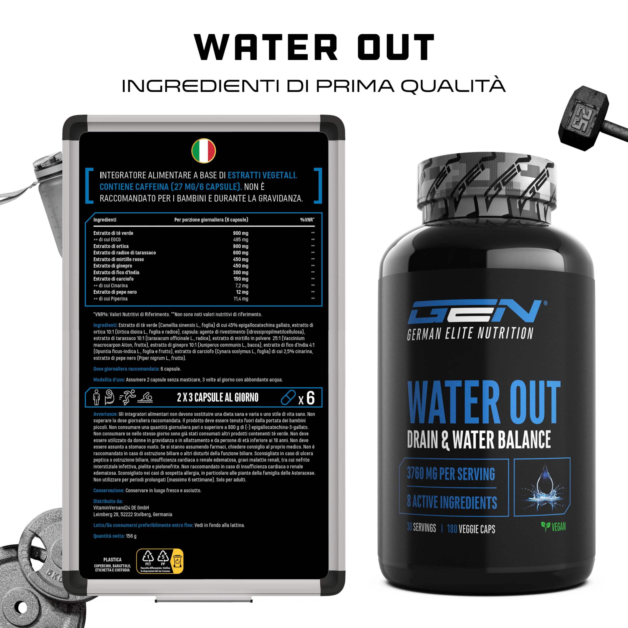 Water Out Complex per l'equilibrio idrico e il drenaggio - Con tè verde, ortica, tarassaco ed estratto di carciofo - Alternativa alle compresse drenanti chimiche - 180 capsule
