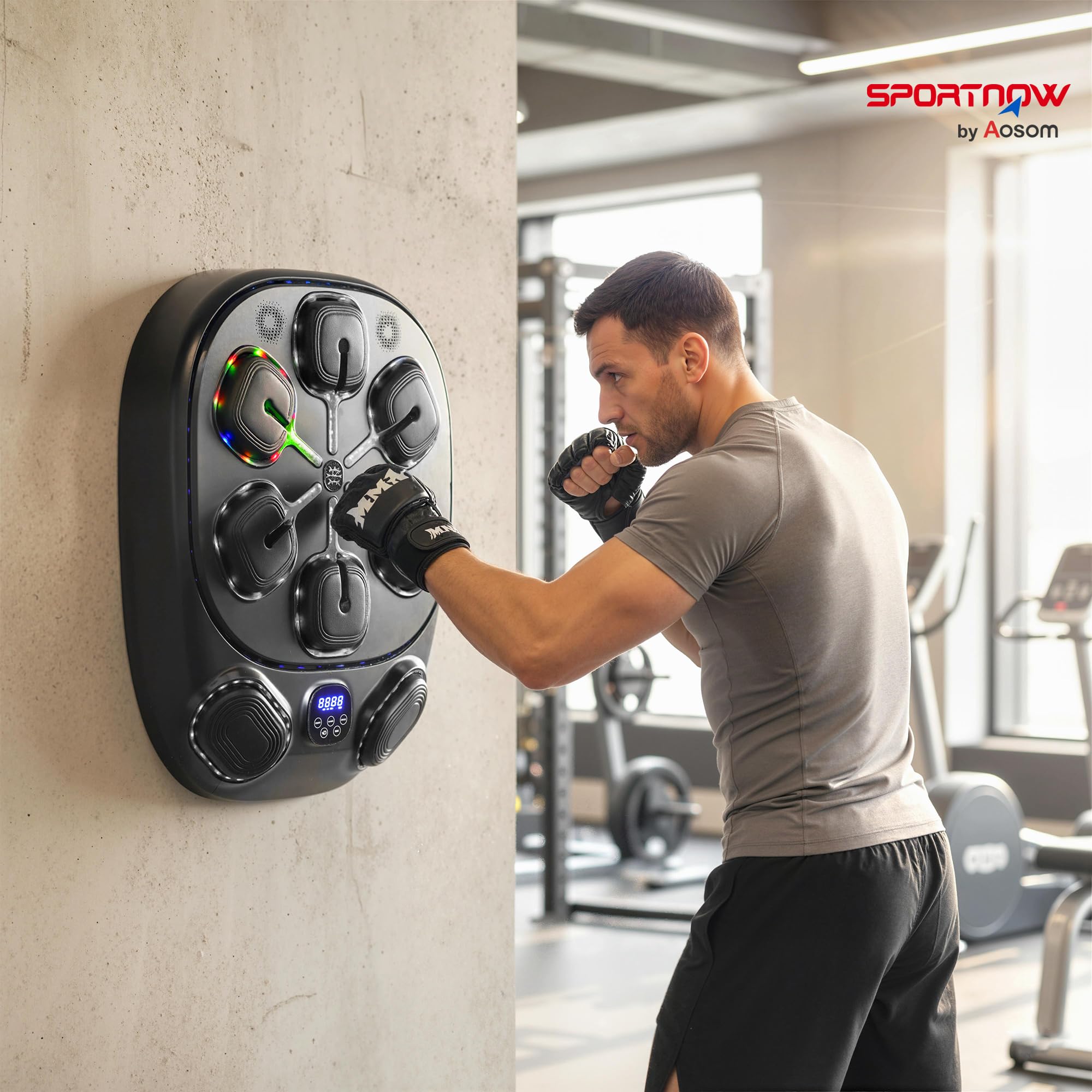 SPORTNOW Macchina da Boxe Musicale a Parete con 9 modalità e Luci LED Multicolore, Music Boxing Machine per Adulti con Connessione Bluetooth, per Casa e Palestra, 61x48x11 cm, Nero
