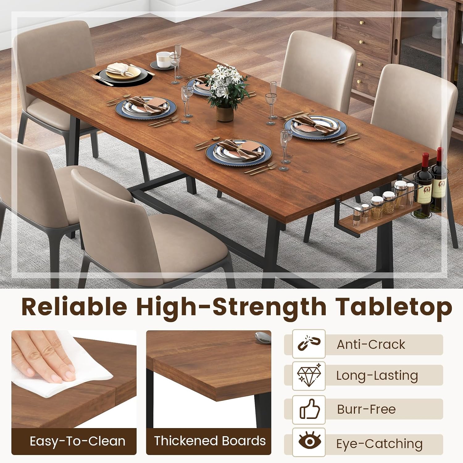Giantex 72-Inch Rectangular Dining Table with 2-Bottle Wine Rack, Condiment Holder & Metal Footrest, Industrial Oversized Dinette Table for 5-7 Family Gathering Kitchen Dinner
