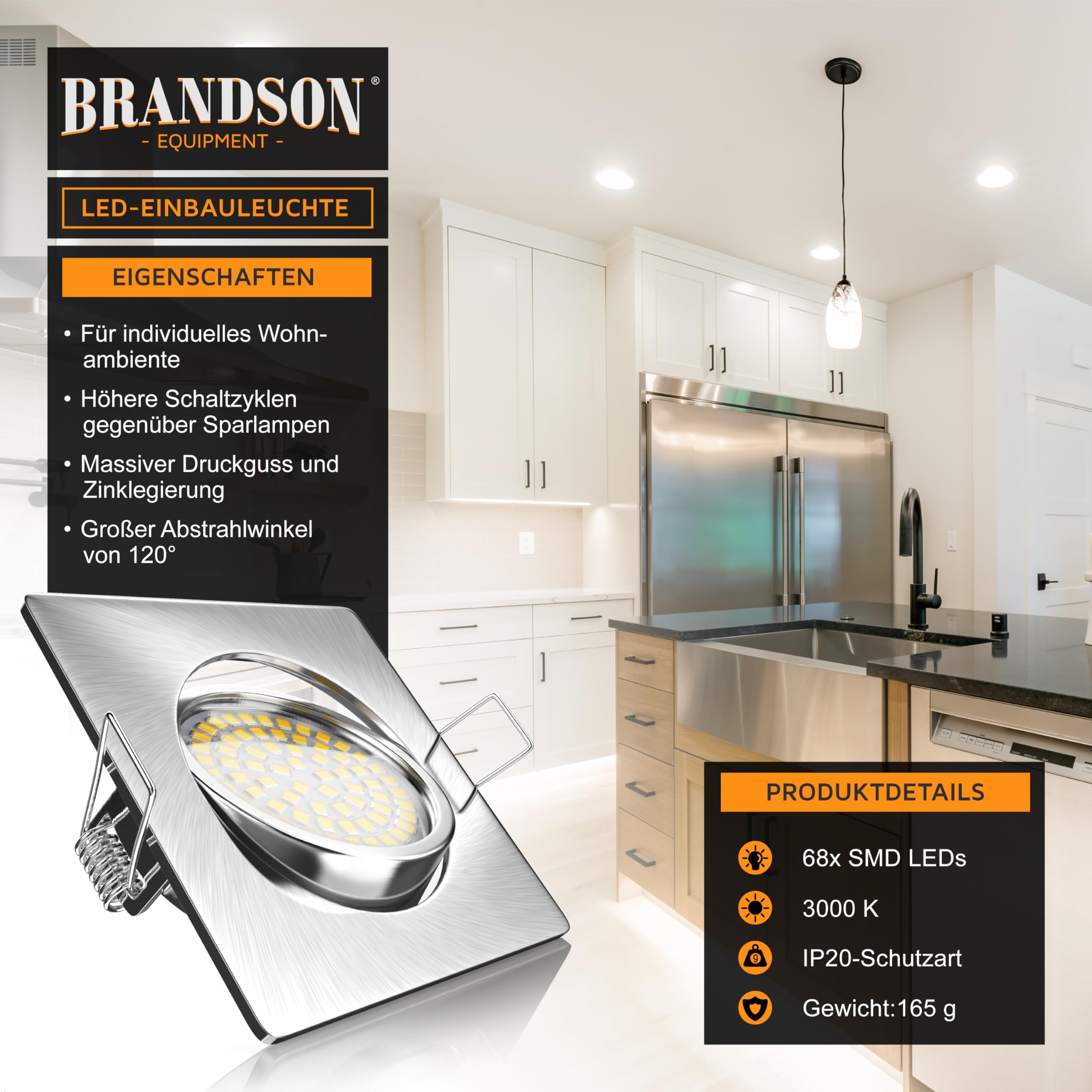 Brandson - 12 x Set Ultra Flach LED Deckenspot eckig warmweiß schwenkbar - Einbauleuchte - Einbauspot Deckenstrahler - Slim Aluminium Druckgussrahmen Edelstahl Optik
