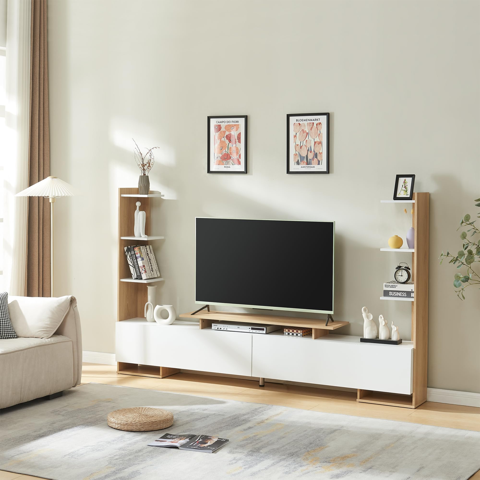 [en.casa] TV Schrank Rauki Lowboard mit 2 Seitenregalen Fernsehschrank 233 x 31 x 141 cm TV Board mit 1 offenen Fach und 2 Türen TV Kommode Fernsehtisch Weiß/Eicheoptik