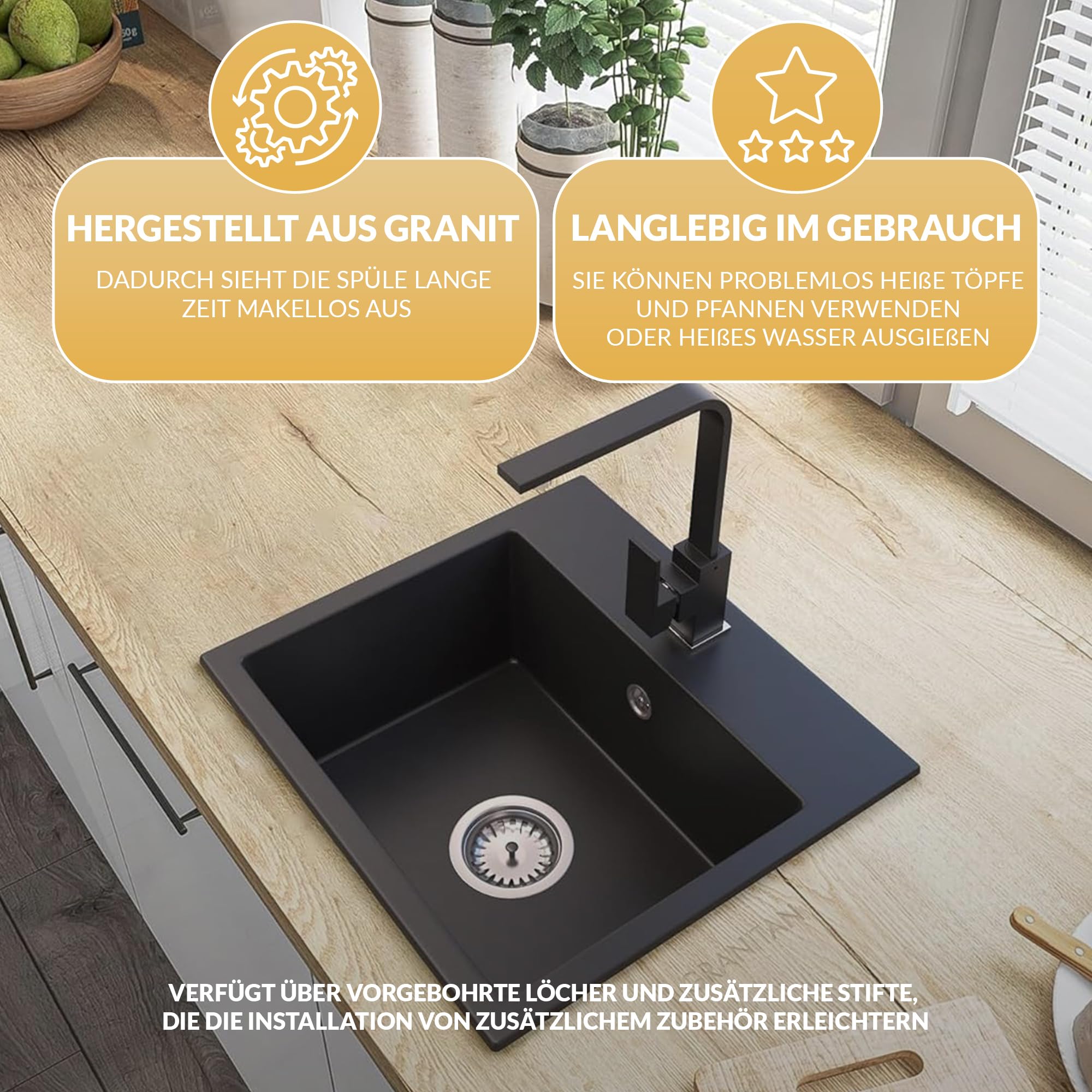 Granitan Spülbecken 44,5x41,5 cm mit Siphon, Granitspüle mit Zwei Löchern | Waschbecken für Küche mit Küchenarmatur, Einbauspüle Milos, Tiefschwarz (auch Schwarz Siphon)