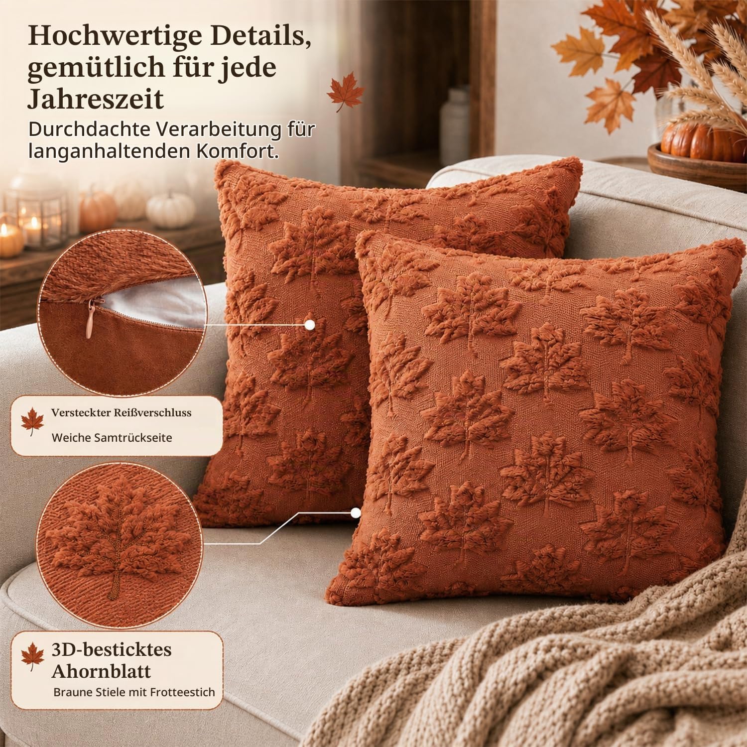 2 Stück Herbstdeko Kissenbezug 45x45cm,Herbst Dekokissen Kissenhülle,Hohles Ahornblatt Couchkissen Kuschelkissen,Kissenhülle Herbst,Kissenbezüge mit Herbstblättern für Halloween Fall Wohndekoration Küche, Haushalt & Wohnen