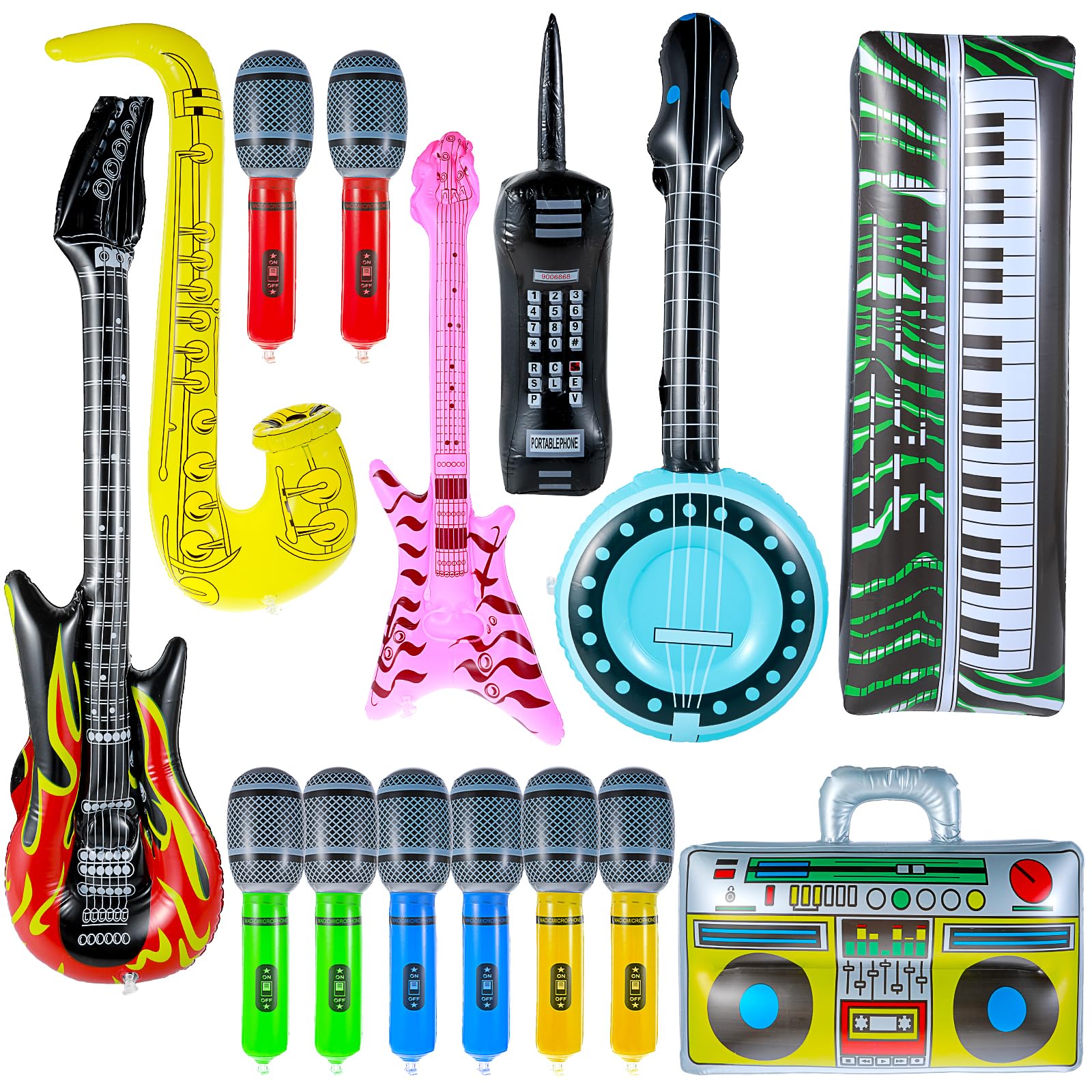 Prasacco 15 Pcs Inflatable Instruments Rock Star Toy Set Photo Booth Props Inflatable Guitar Saxophone Bass Lute Piano Recorder Phone Microphone for