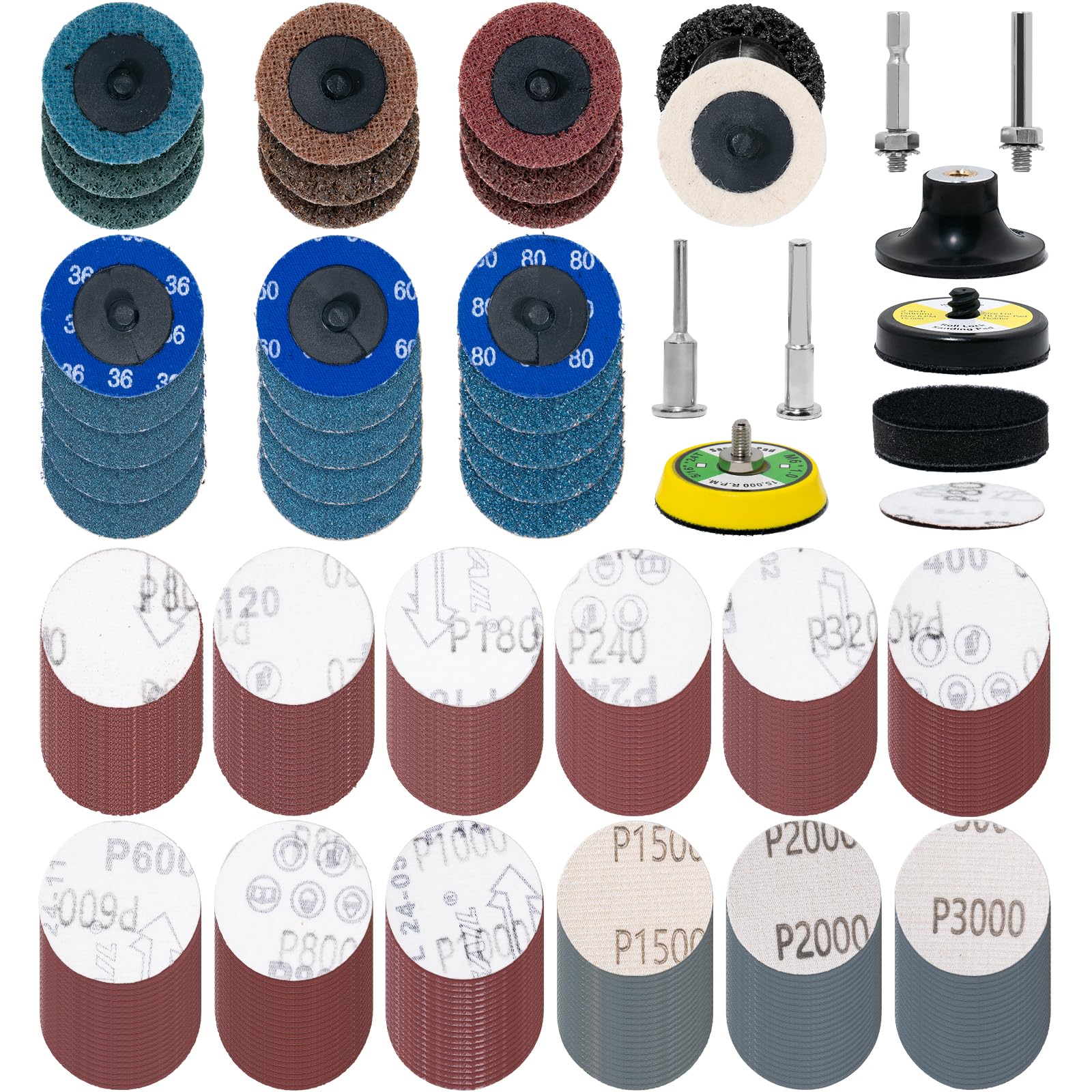 Kit de accesorios de taladro de disco de lijado de 2 pulgadas, accesorios de amoladora angular inalámbrica de grano 36-3000 con discos de cambio rápido para pulido de metal y madera de coche