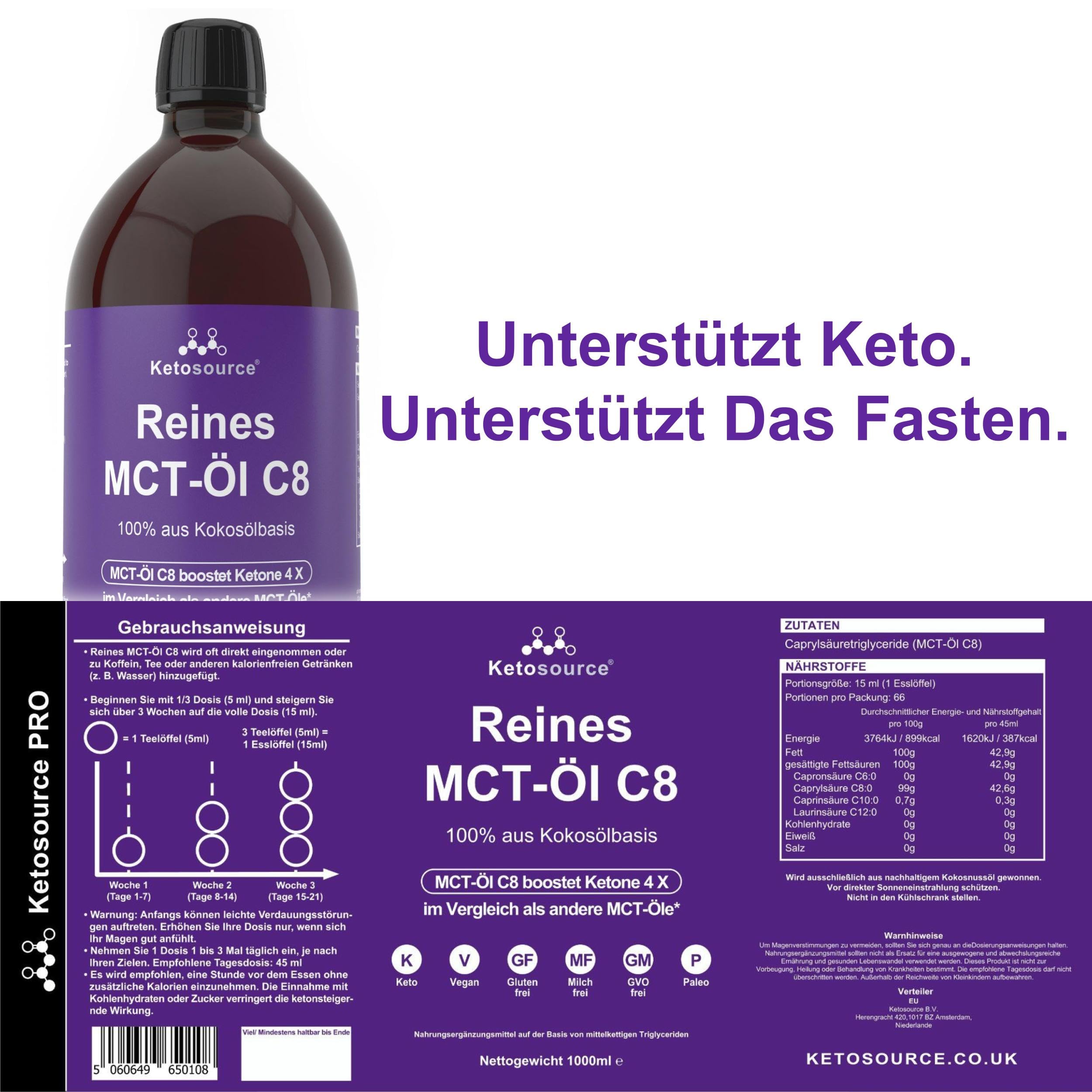 Reines MCT Öl C8 | Produziert 4X Ketone im Vergleich als Andere MCT-Öle | Höchste Reinheit von über 99% | 100% aus Kokosnuss | Unterstützt Keto & Fasten | Vegan | 1000 ml | Ketosource®