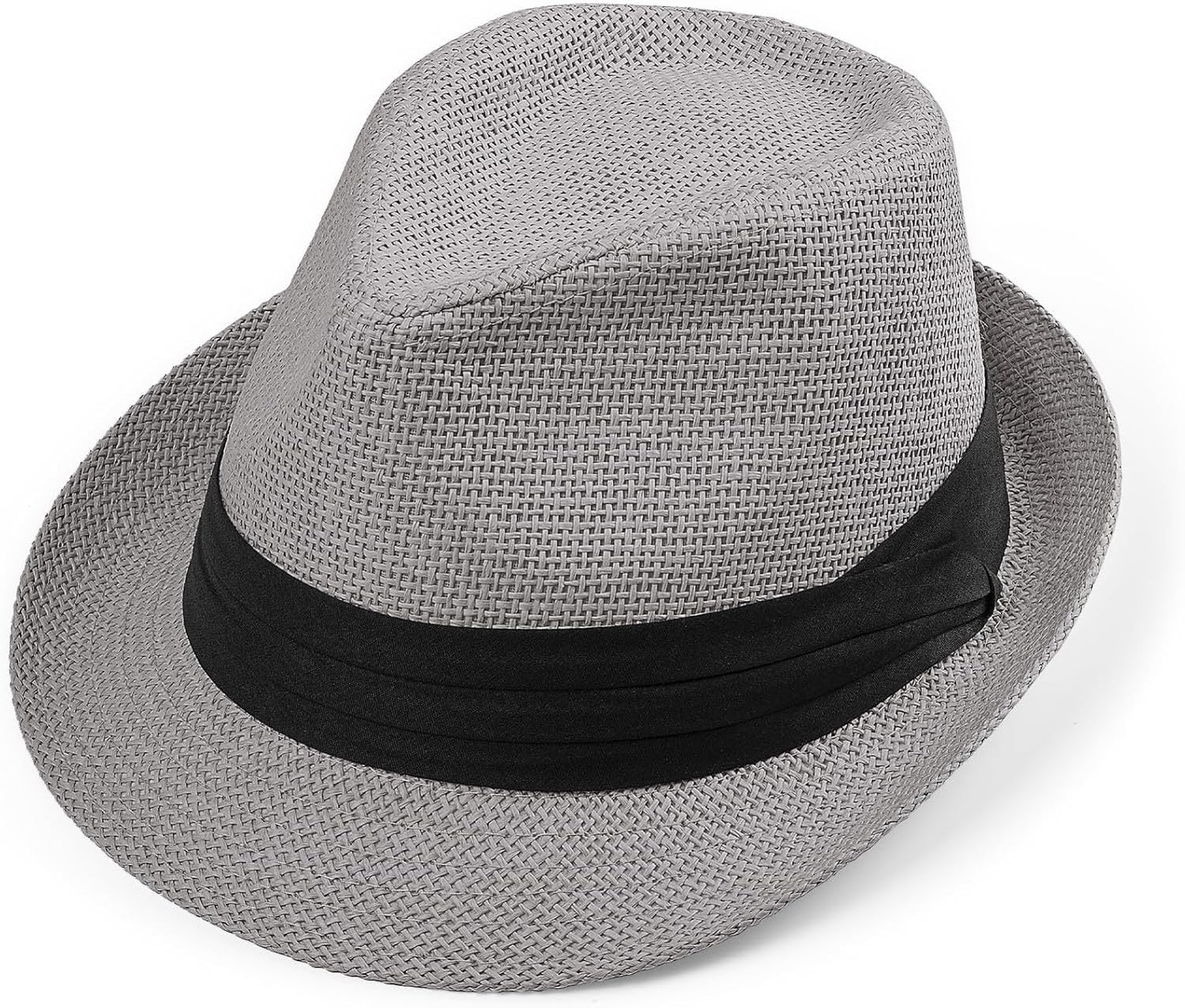 XIUNYIE Straw Trilby Fedora Hat for Men Women 1920s Panama Hat Short Brim Summer Beach Sun Hat, Grey, L