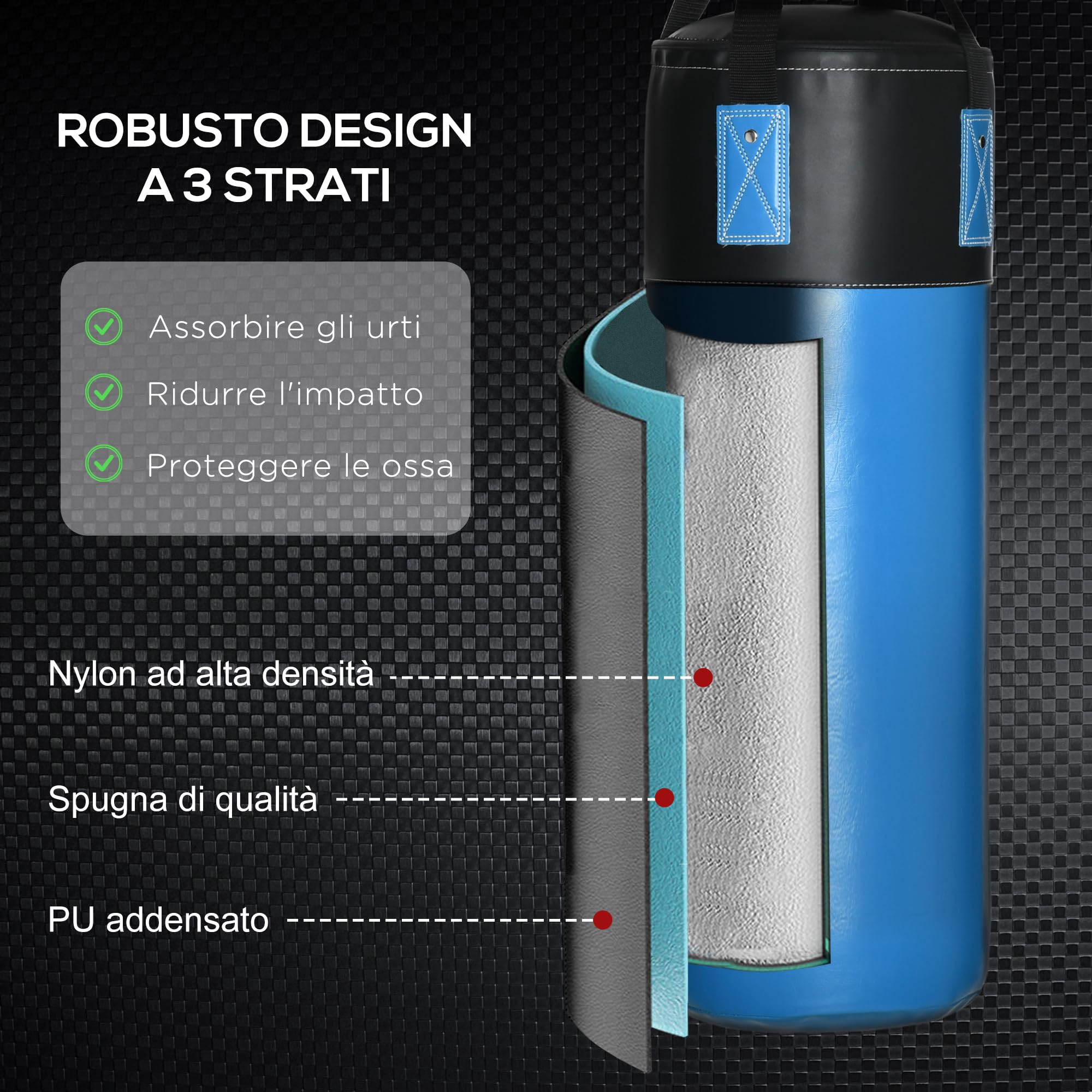 HOMCOM Set Sacco da Boxe Pieno da Appendere con Guantoni e Ganci, 102 cm Sacco per Pugilato e Kickboxing a 3 Strati con Borsa di Trasporto per Adulti, Blu
