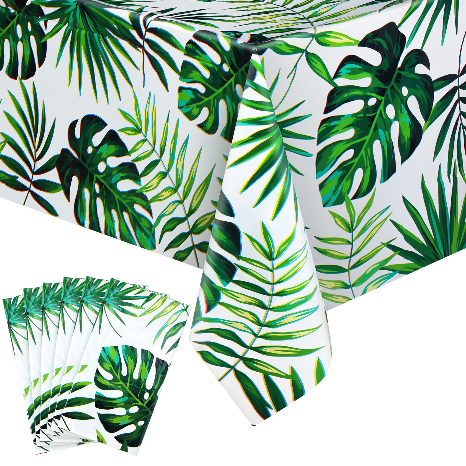 Mixweer 6 Pcs Hawaiian Luau Tablecloths for Party Decoration, Disposable Plastic Rectangular Table Covers, Large Tropical Palm Leaves Plastic Table