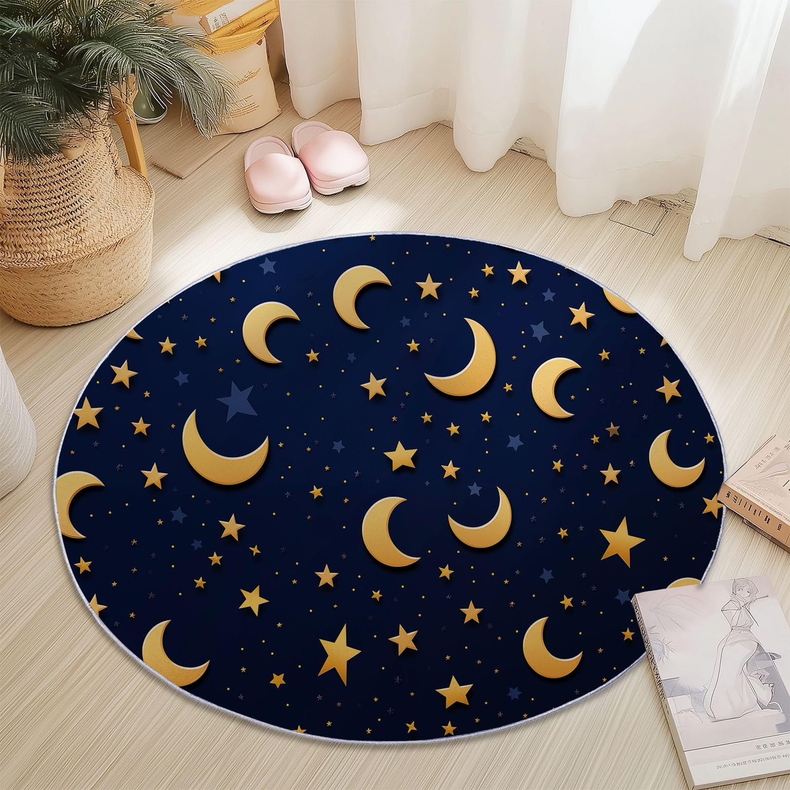 Tapis Rond en Flanelle Doux et Moelleux 120 cm, Mignon Lune Étoiles Motif imprimé, Or Bleu foncé Tapis Rond Antidérapant pour Salon Chambre Salle de Jeux Décoration Moderne