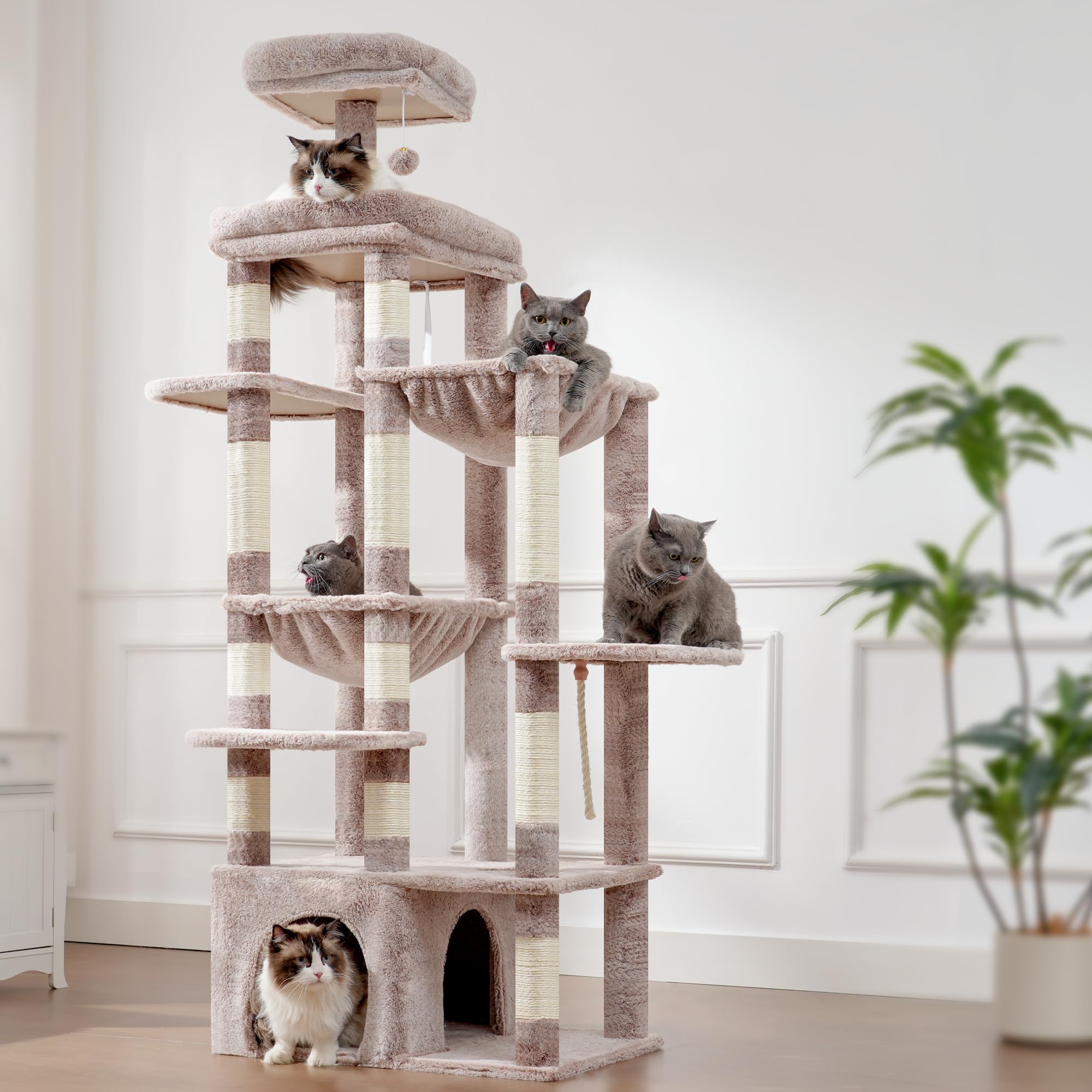 Heybly Tiragraffi Per Gatti, Albero Alto 180 Cm Con Base XL Stabilissima, Piattaforma Ampia E 2 Amache, Progettato Di Razza Maine Coon, Beige Marrone HCT037MU