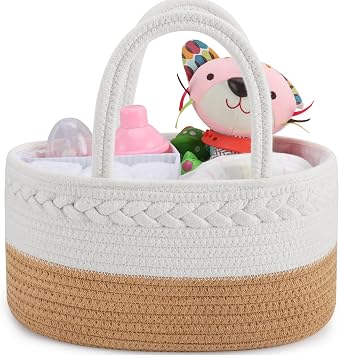 ABenkle Diaper Caddy Organizer, Boho Rustic Cotton Rope Nursery Baby Basket, Changing Table Organizer for Baby Diaper Storage and Baby Shower