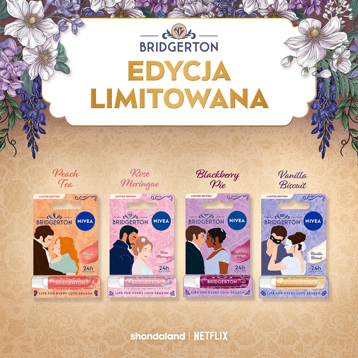 NIVEA Bridgerton Edition Pielęgnująca pomadka do ust Peach Tea Penelope & Colin 4,8g