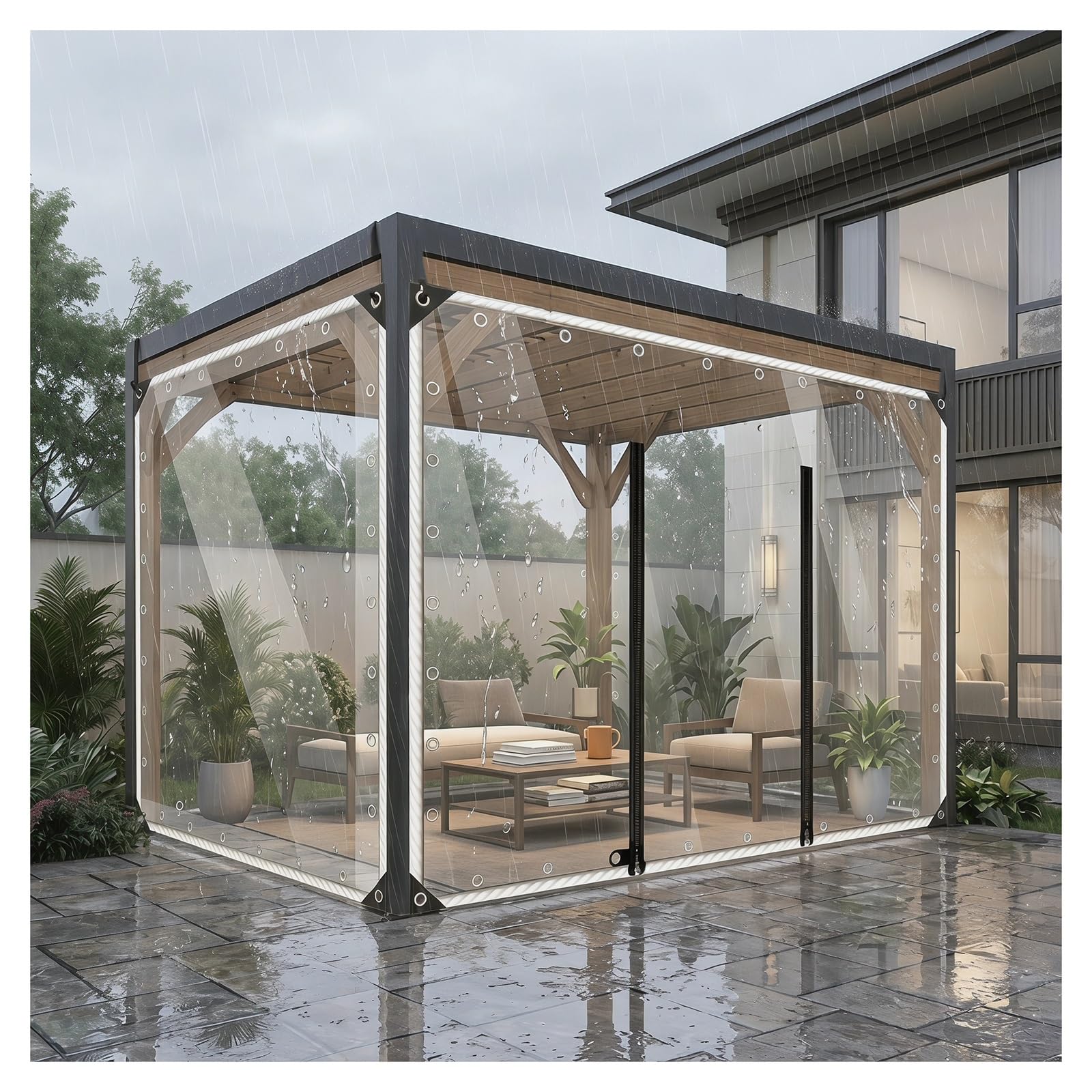 Clear tarps heavy duty waterproof，clear tarps with grommets，pvc clear waterproof tarpaulin with zipper，for Porch Patio,for Pavilions, Porches,Terraces,Rainproof Tarpaulin(H2.4xW2.5m/H7.8xW8.2ft)
