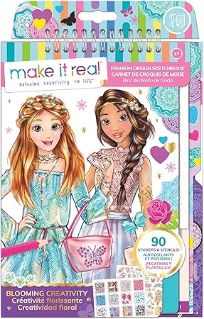 Make It Real Fashion Design Sketchbook Kit for Girls - Blooming Creativity Set with Stencils, Puffy Stickers, Design Guide - Unleash Fashion Talent, Develop Skills, for Kids Ages 6