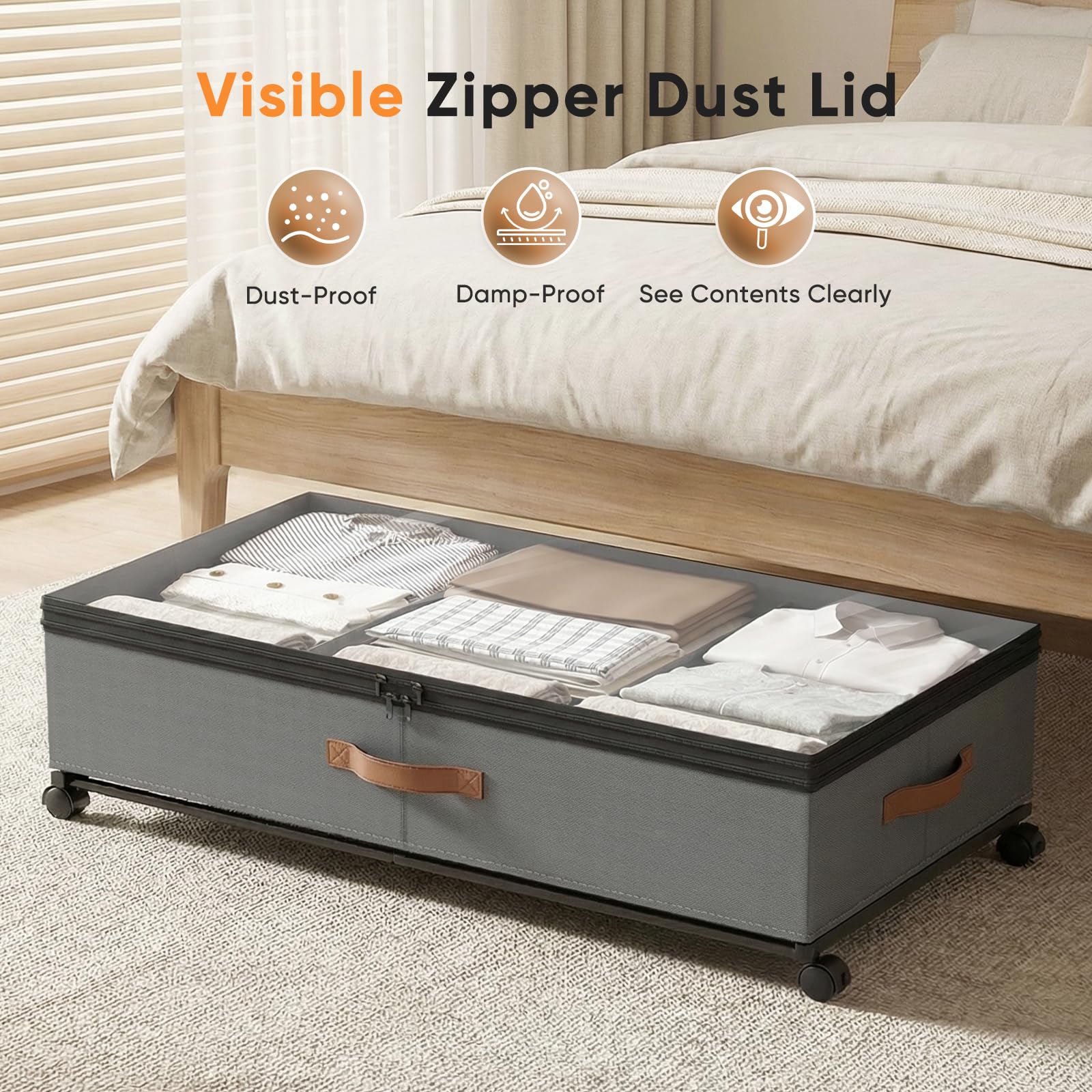 2 unidades de almacenamiento para debajo de la cama de 72 L, con ruedas de rotación de 360° y tapa de PVC, marco de metal, para ropa, zapatos, juguetes y mantas