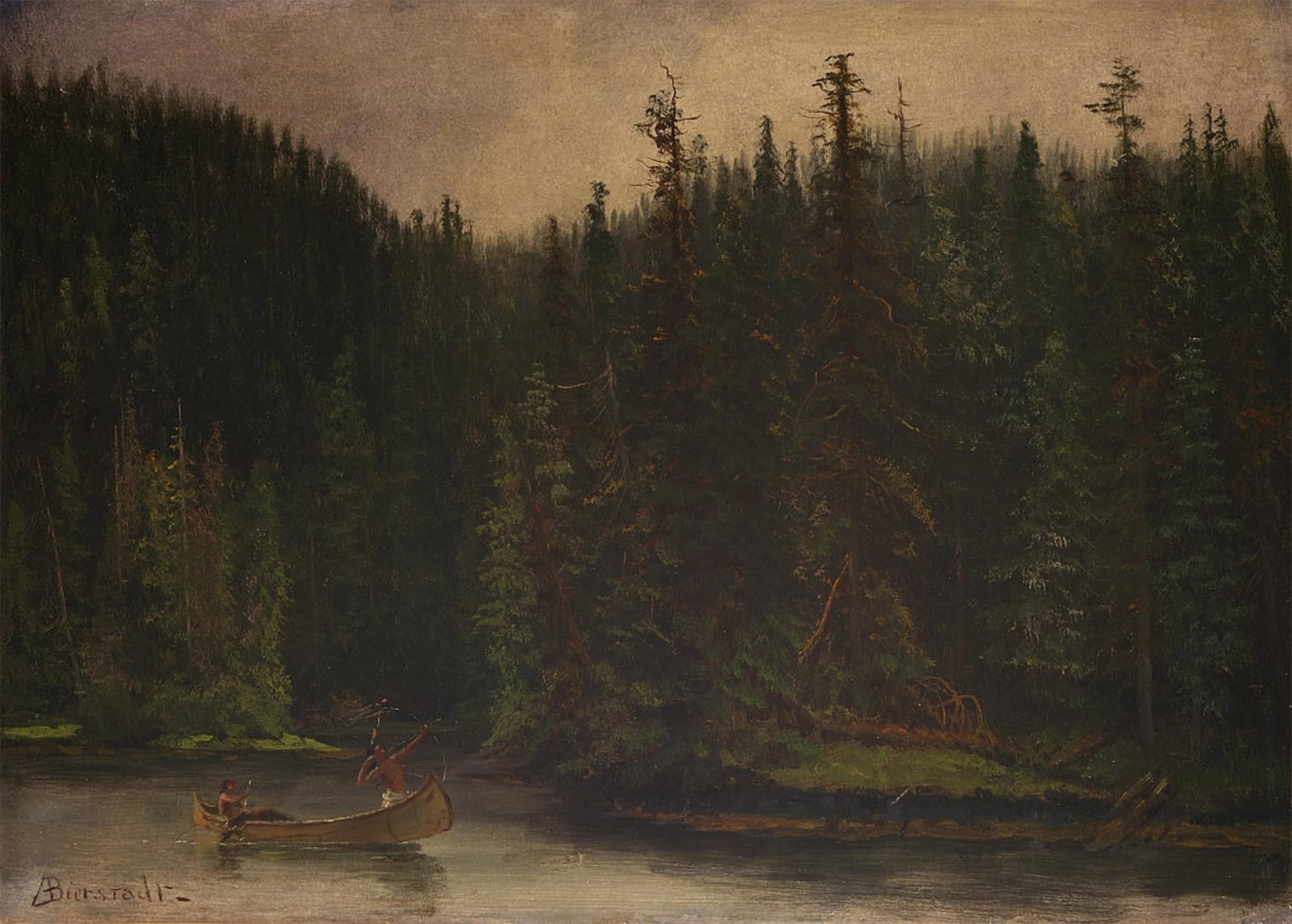POSTERIIk Famous Modern Artwork Art Mural Indian Hunters in Canoe by Albert Bierstadt Oil Paintings Pictures for Home Decor 60x90cm