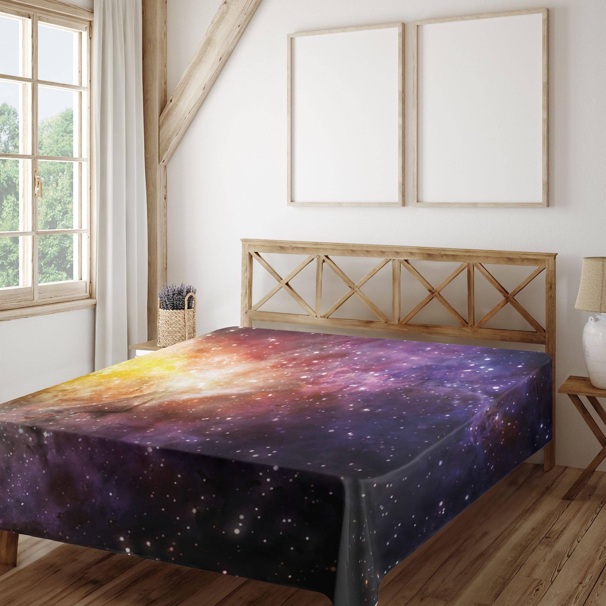 Ambesonne Galaxy Flat Sheet, Nebula Gas Cloud Image Vivid Starfield Cloud Starry Deep Outer Space Print, Soft and Comfortable Top Sheet Decorative Bedding 1 Piece, Full Size, Black Purple Yellow