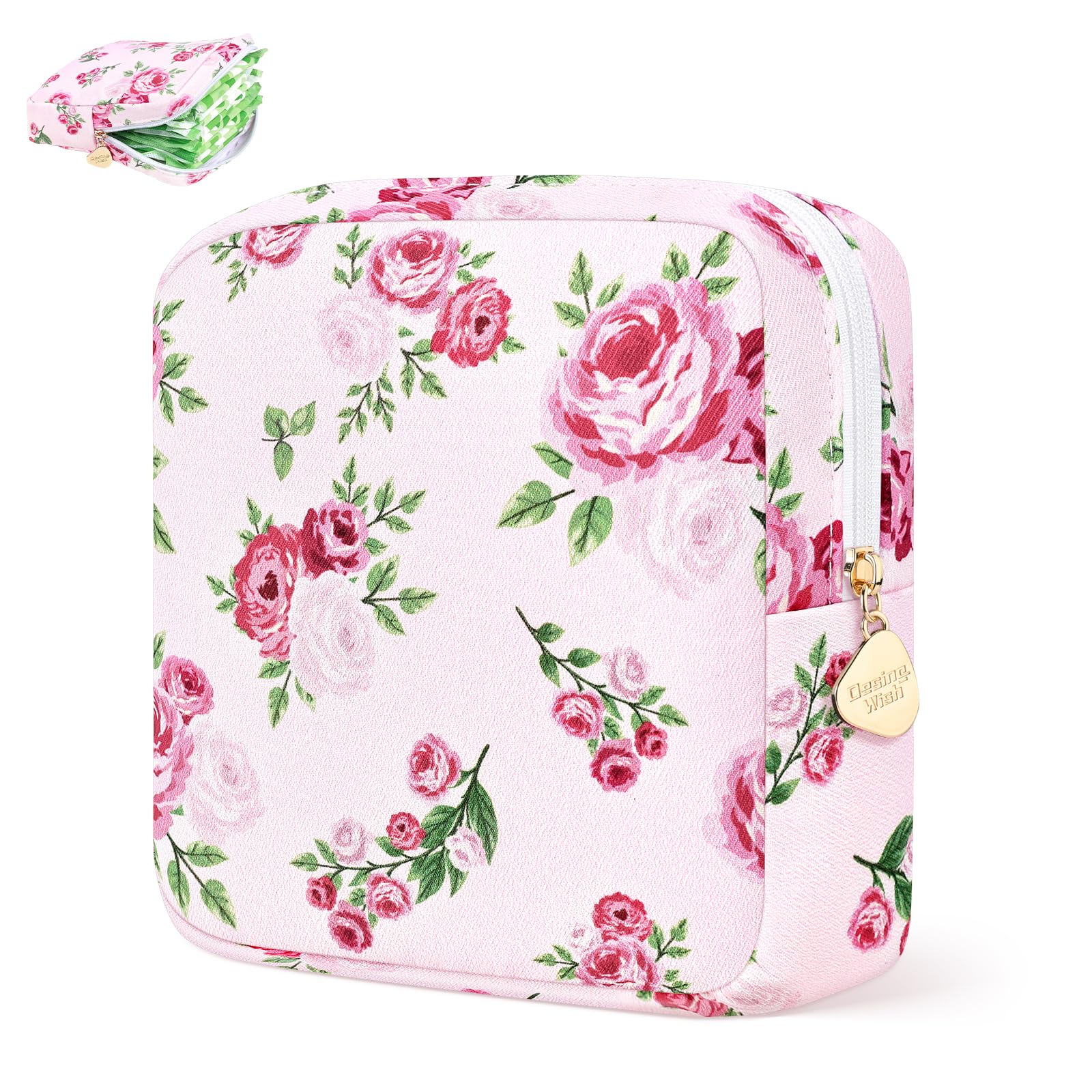 Sanitary Pad Storage Bag Portable Period Bag for Teen Pads/Sanitary Napkins/Small Tampons, Sanitary Napkin Storage Bag First Period Gifts for Teen Girls (Pink Rose Bouquet)
